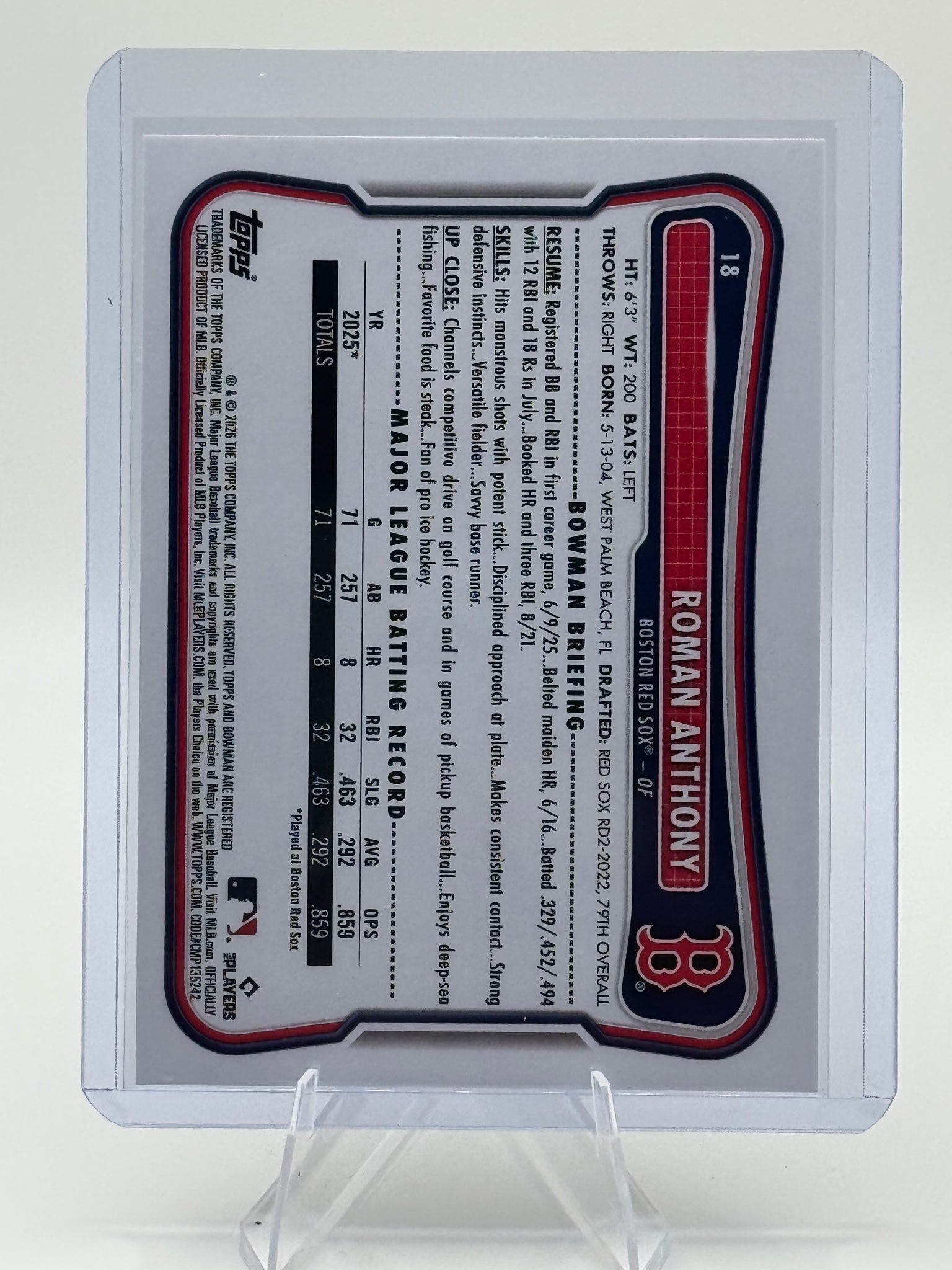 2026 Bowman Roman Anthony #18 Boston Red Sox Near Mint or Better