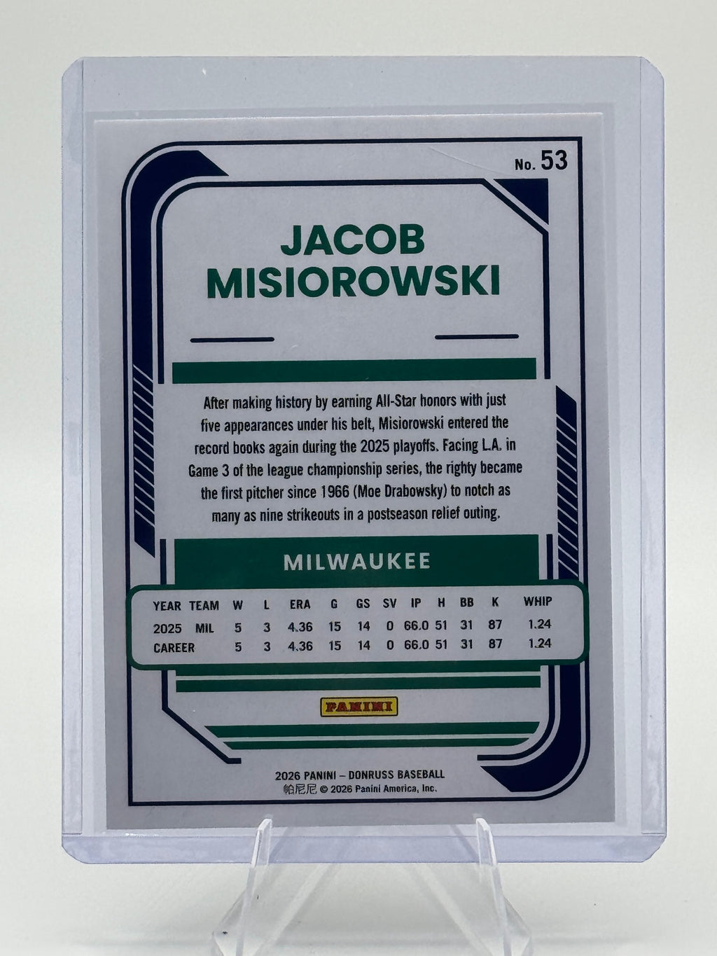 2026 Donruss Jacob Misiorowski #53 Milwaukee Brewers Near Mint or Better