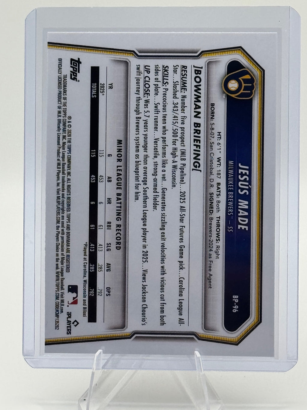 2026 Bowman Jesús Made #BP-96 Prospects Milwaukee Brewers Near Mint or Better