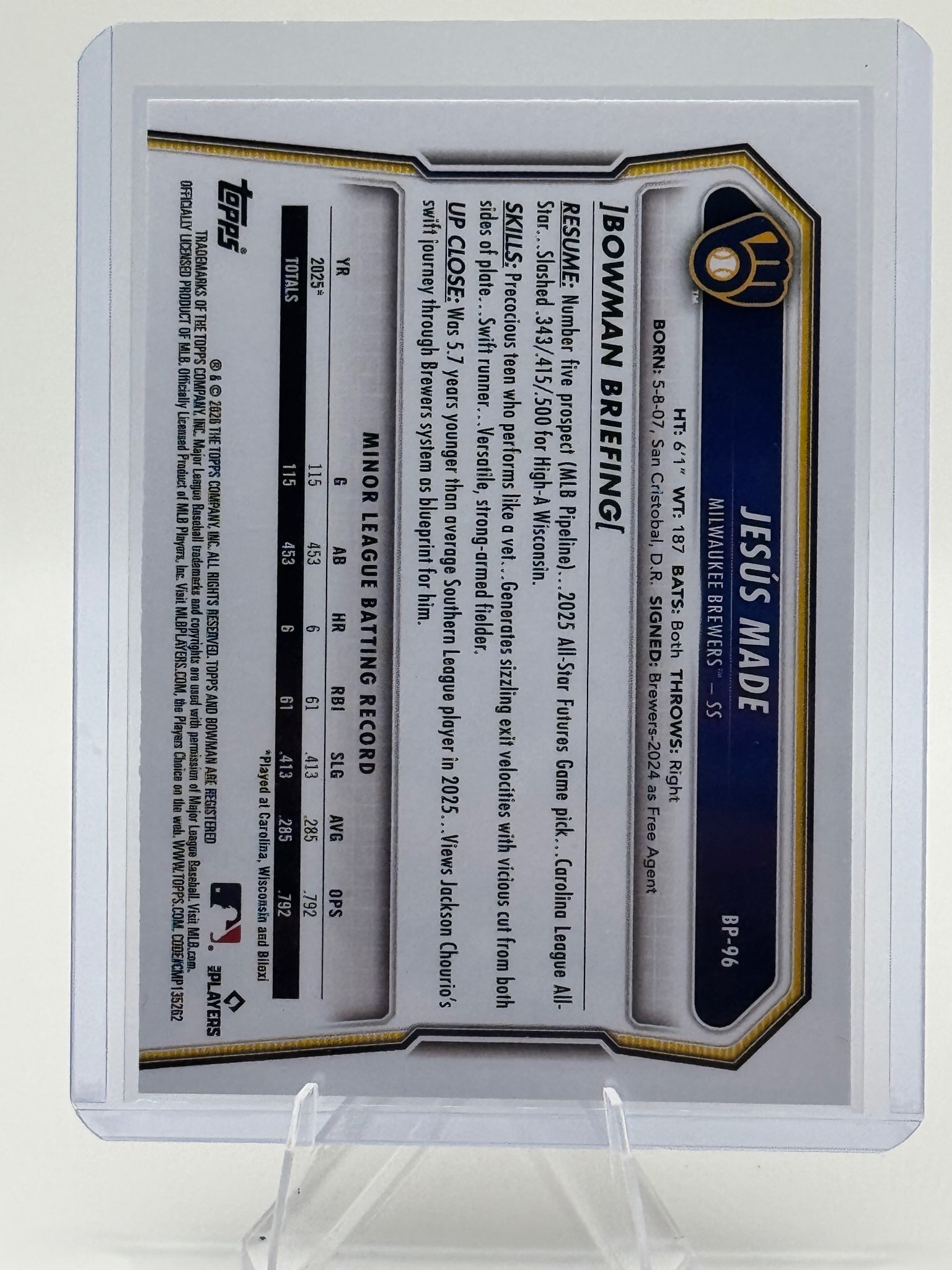 2026 Bowman Jesús Made #BP-96 Prospects Milwaukee Brewers Near Mint or Better