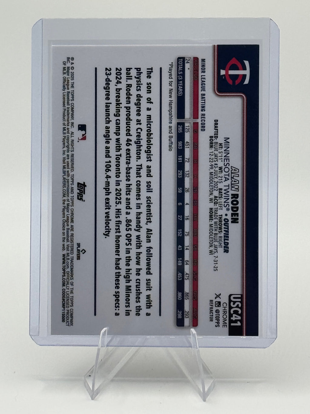 2025 Topps Chrome Update Alan Roden #USC41 Refractors Minnesota Twins Near Mint