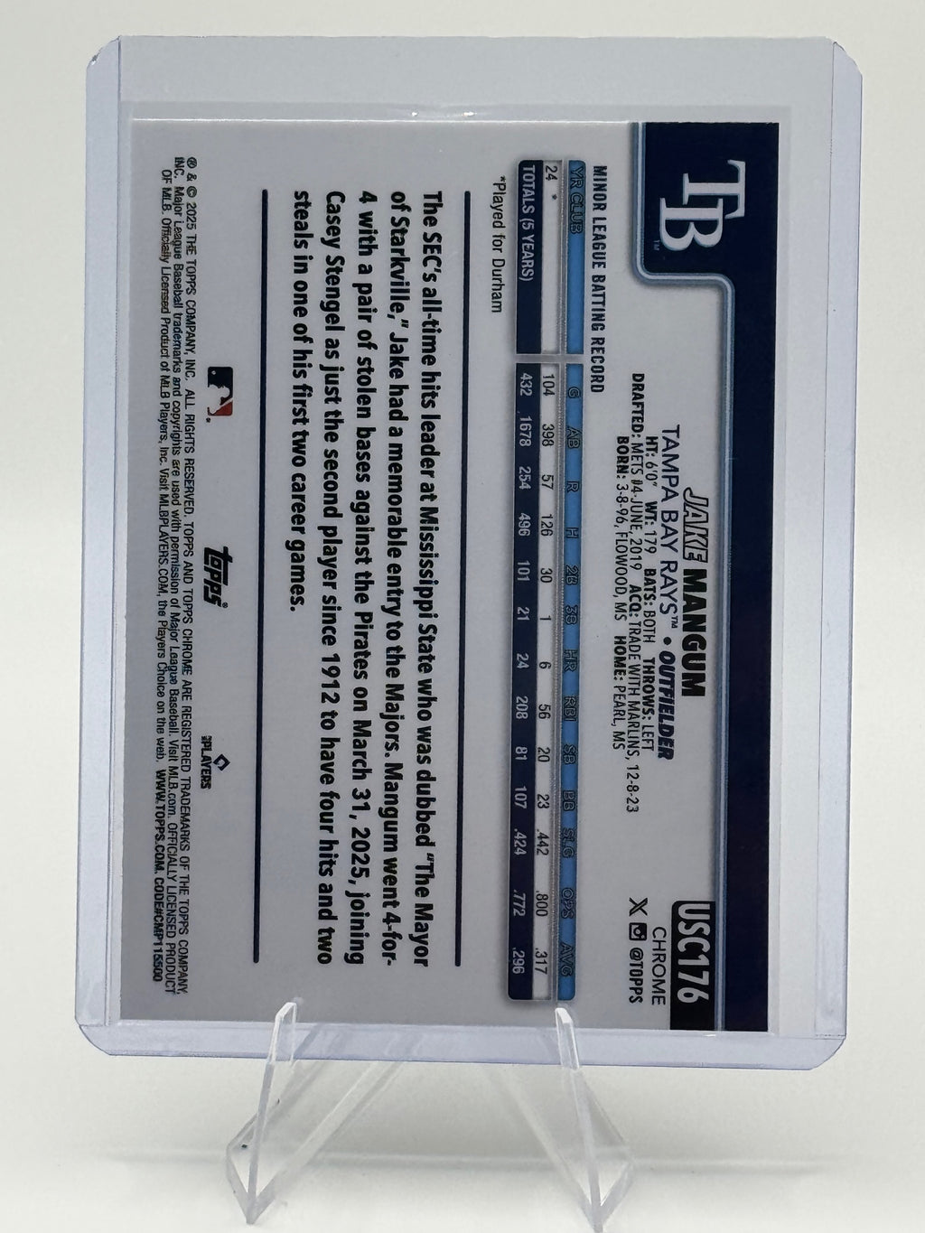 2025 Topps Chrome Update Jake Mangum #USC176 ToppsFractors Tampa Bay Rays NM