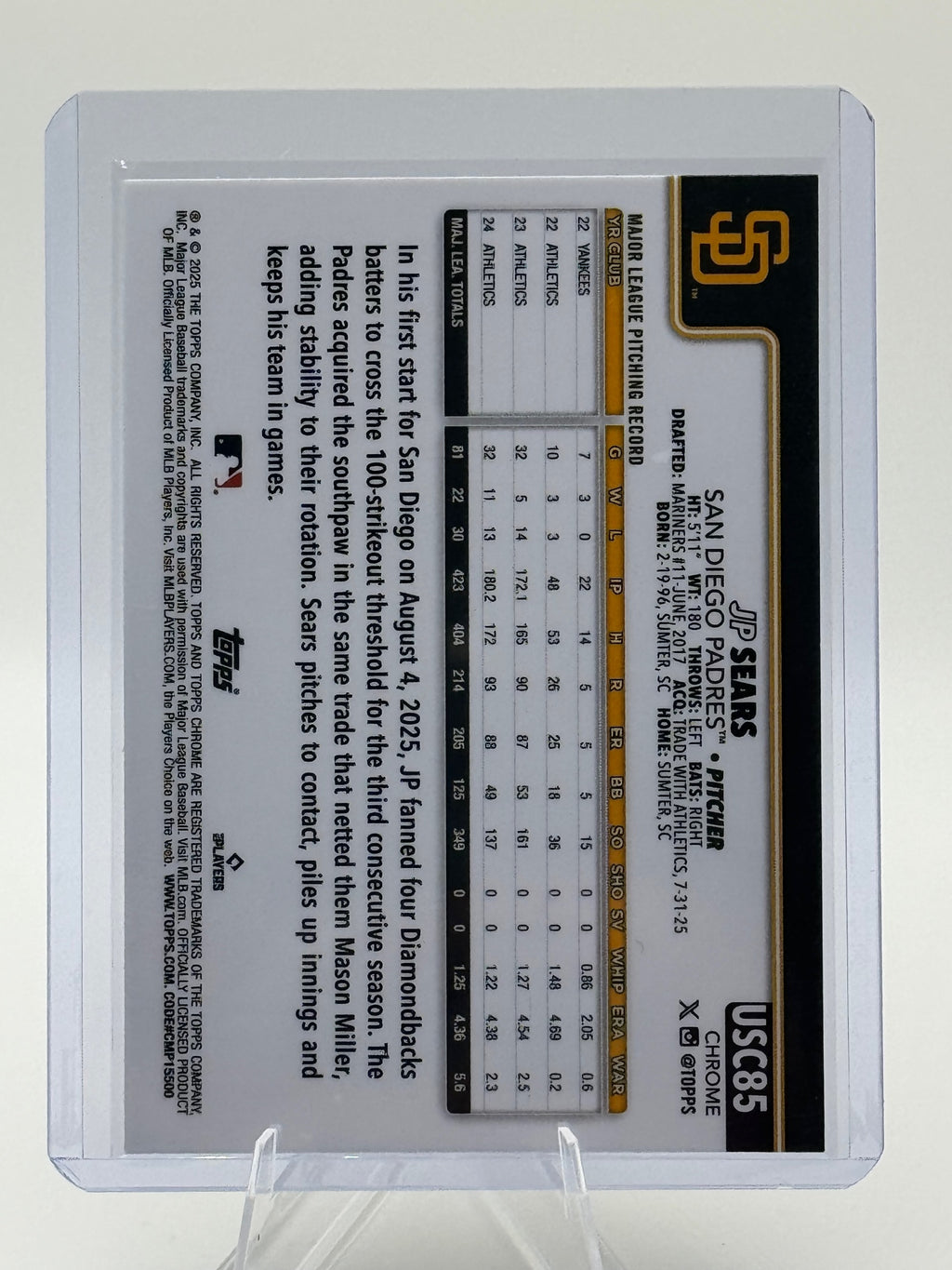 2025 Topps Chrome Update JP Sears #USC85 San Diego Padres Near Mint or Better