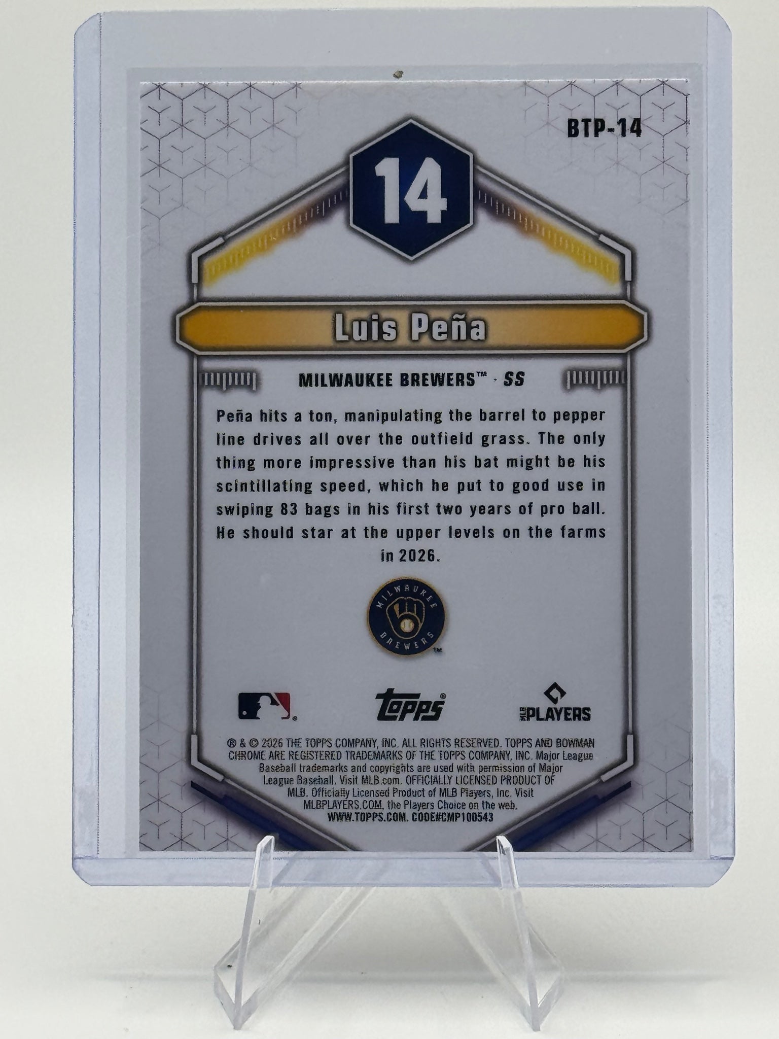 2026 Bowman Luis Peña #BTP-14 Bowman Scouts' Top 100 Milwaukee Brewers NM