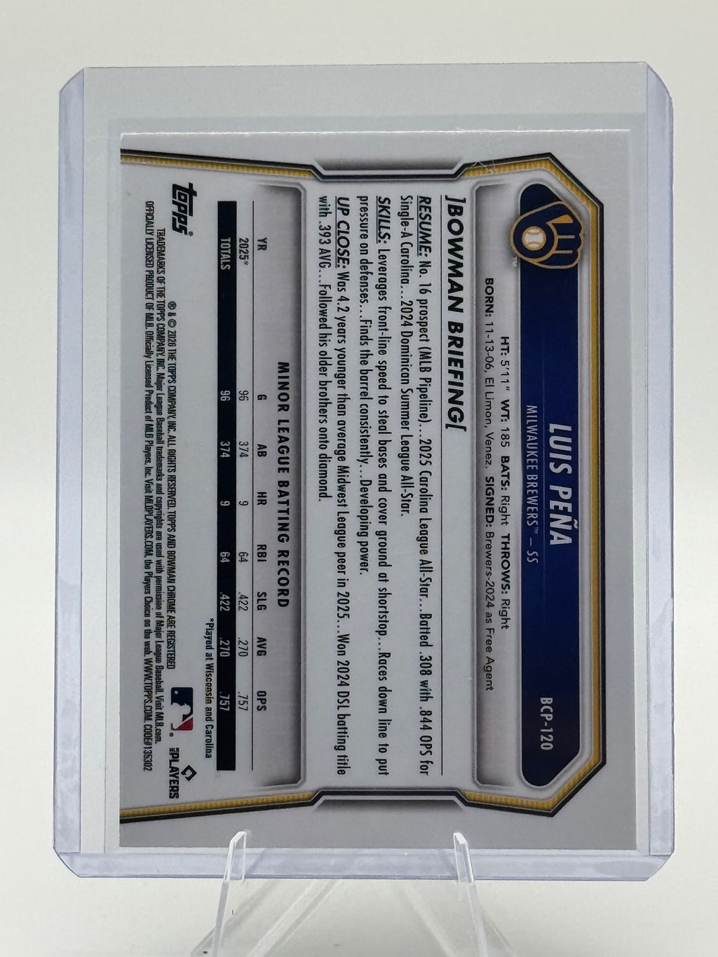 2026 Bowman Luis Peña #BCP-120 Chrome Prospects Milwaukee Brewers Near Mint