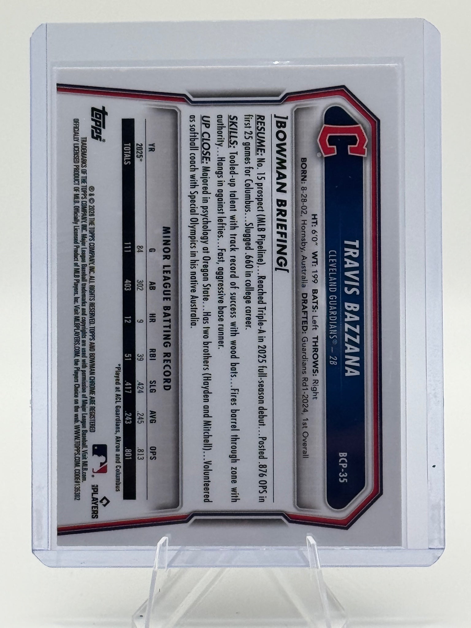 2026 Bowman Travis Bazzana #BCP-35 Chrome Prospects Cleveland Guardians NM