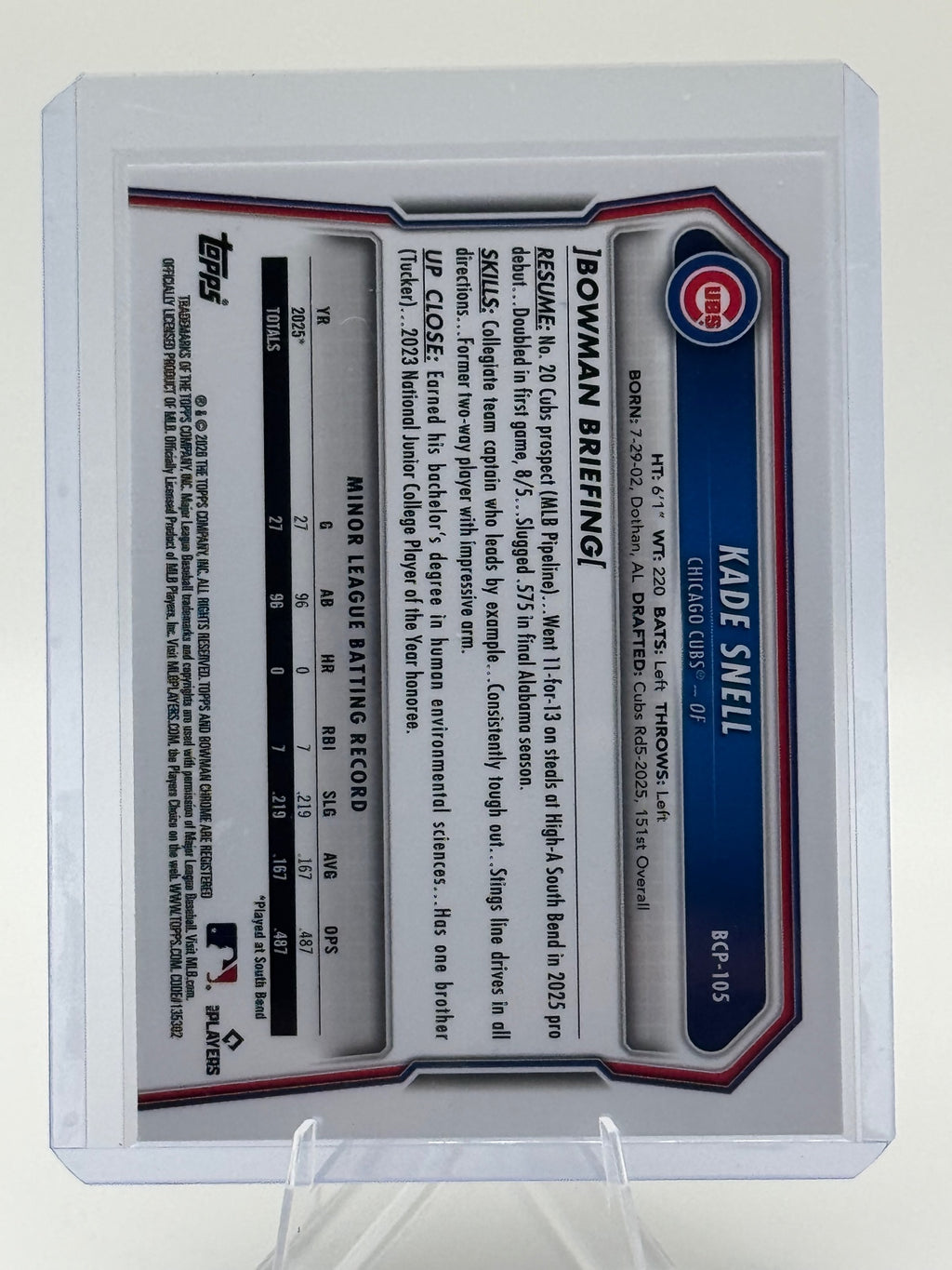 2026 Bowman Kade Snell #BCP-105 Chrome Prospects Chicago Cubs Near Mint