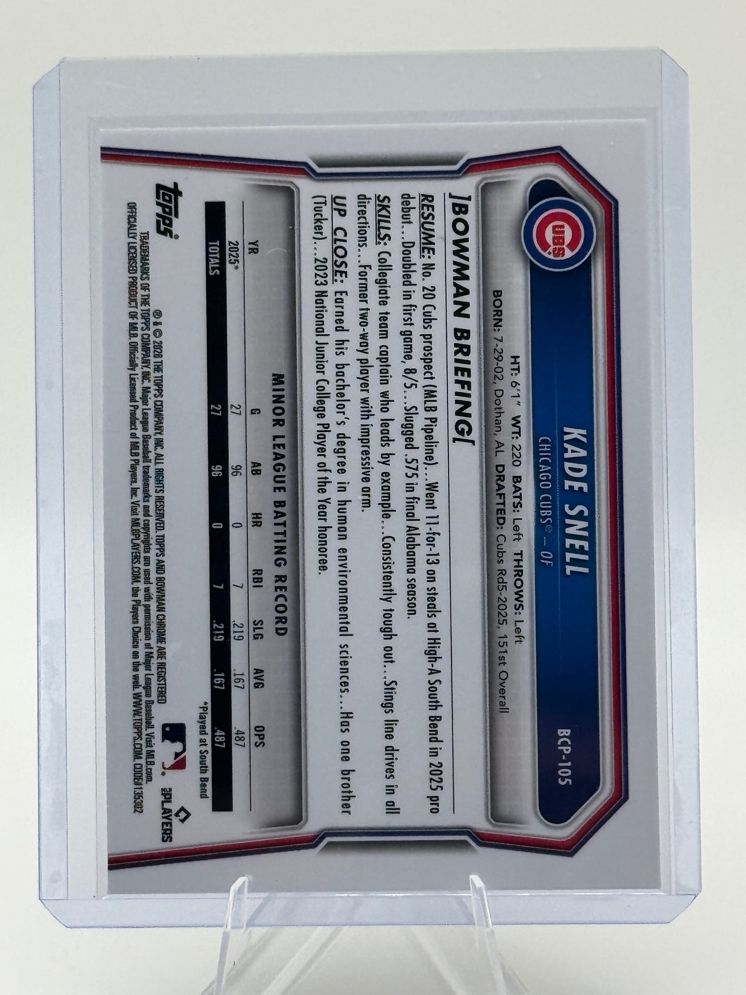 2026 Bowman Kade Snell #BCP-105 Chrome Prospects Chicago Cubs Near Mint