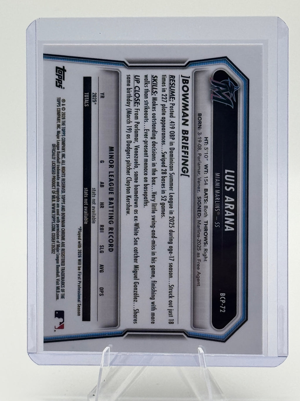 2026 Bowman Luis Arana #BCP-72 Chrome Prospects Miami Marlins Near Mint