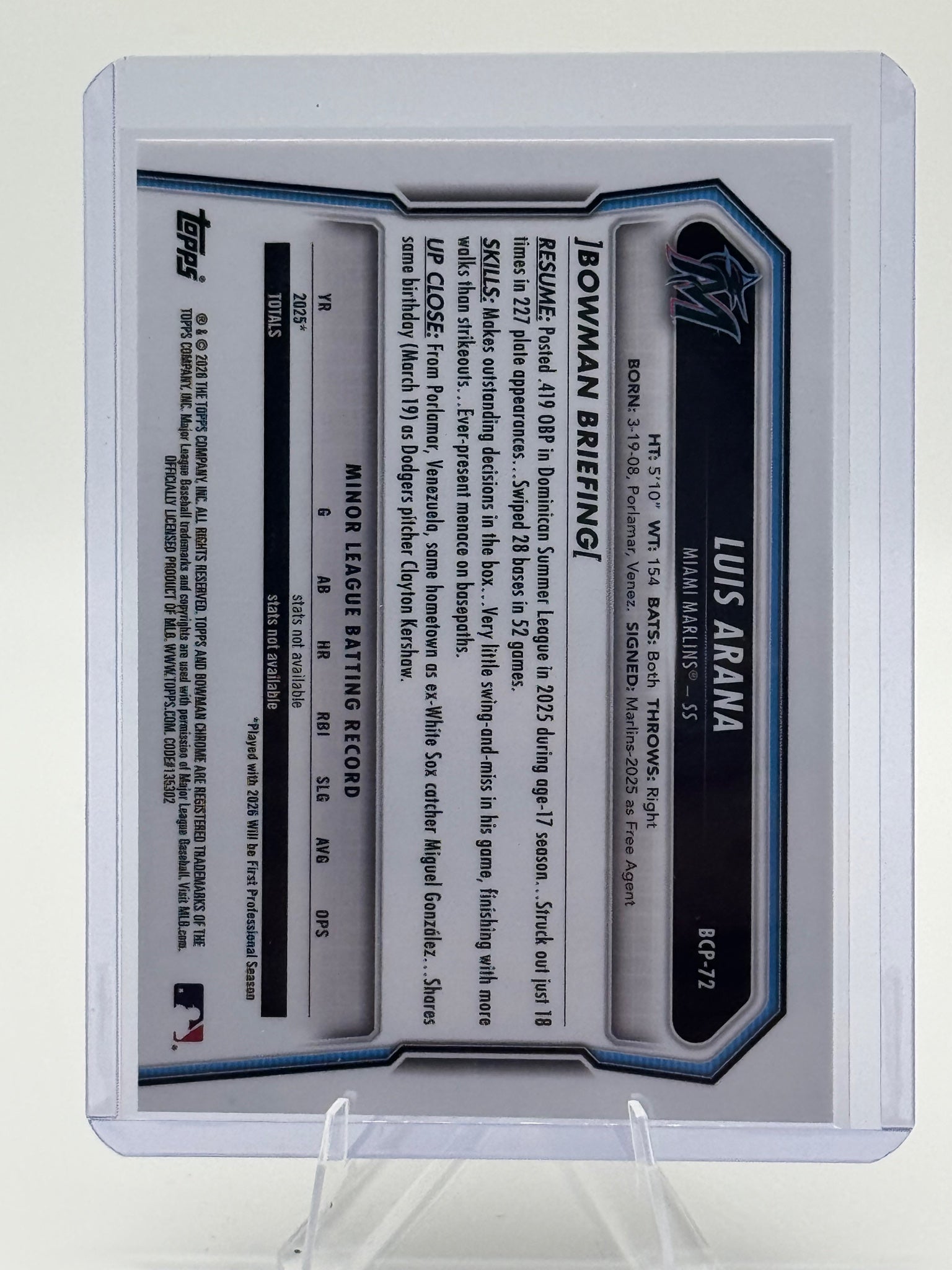 2026 Bowman Luis Arana #BCP-72 Chrome Prospects Miami Marlins Near Mint