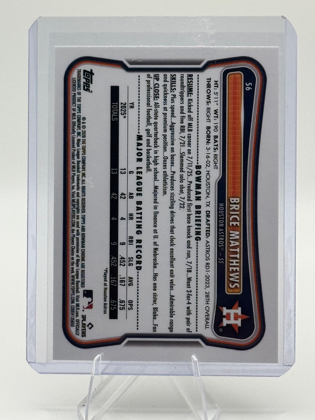2026 Bowman Brice Matthews #56 Rookie Red RC Logo Houston Astros Near Mint