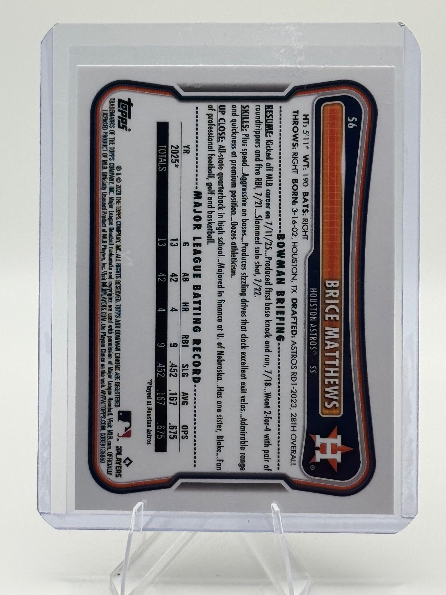 2026 Bowman Brice Matthews #56 Rookie Red RC Logo Houston Astros Near Mint