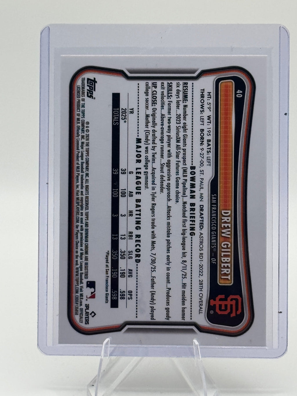 2026 Bowman Drew Gilbert #40 Rookie Red RC Logo San Francisco Giants Near Mint