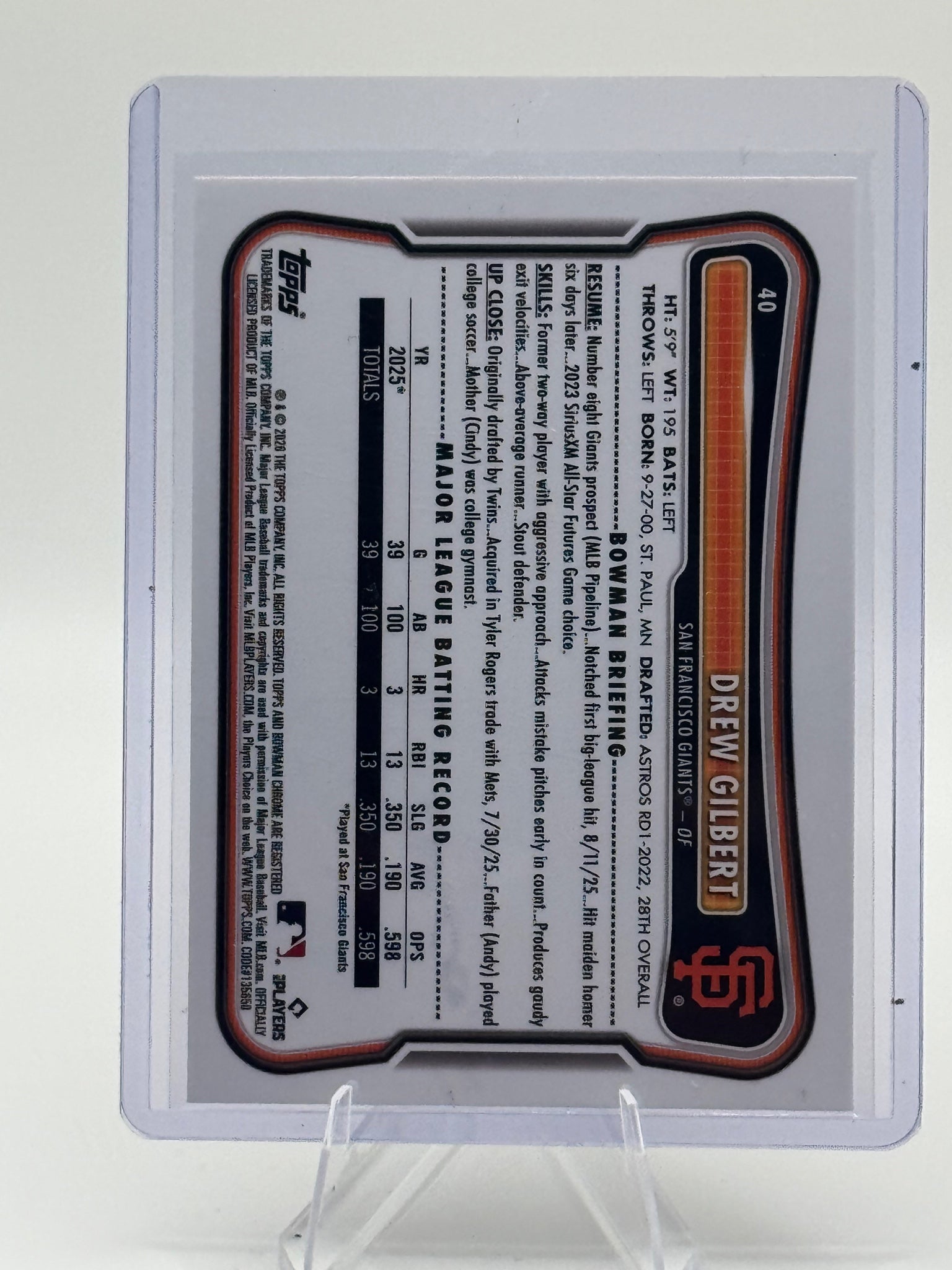2026 Bowman Drew Gilbert #40 Rookie Red RC Logo San Francisco Giants Near Mint