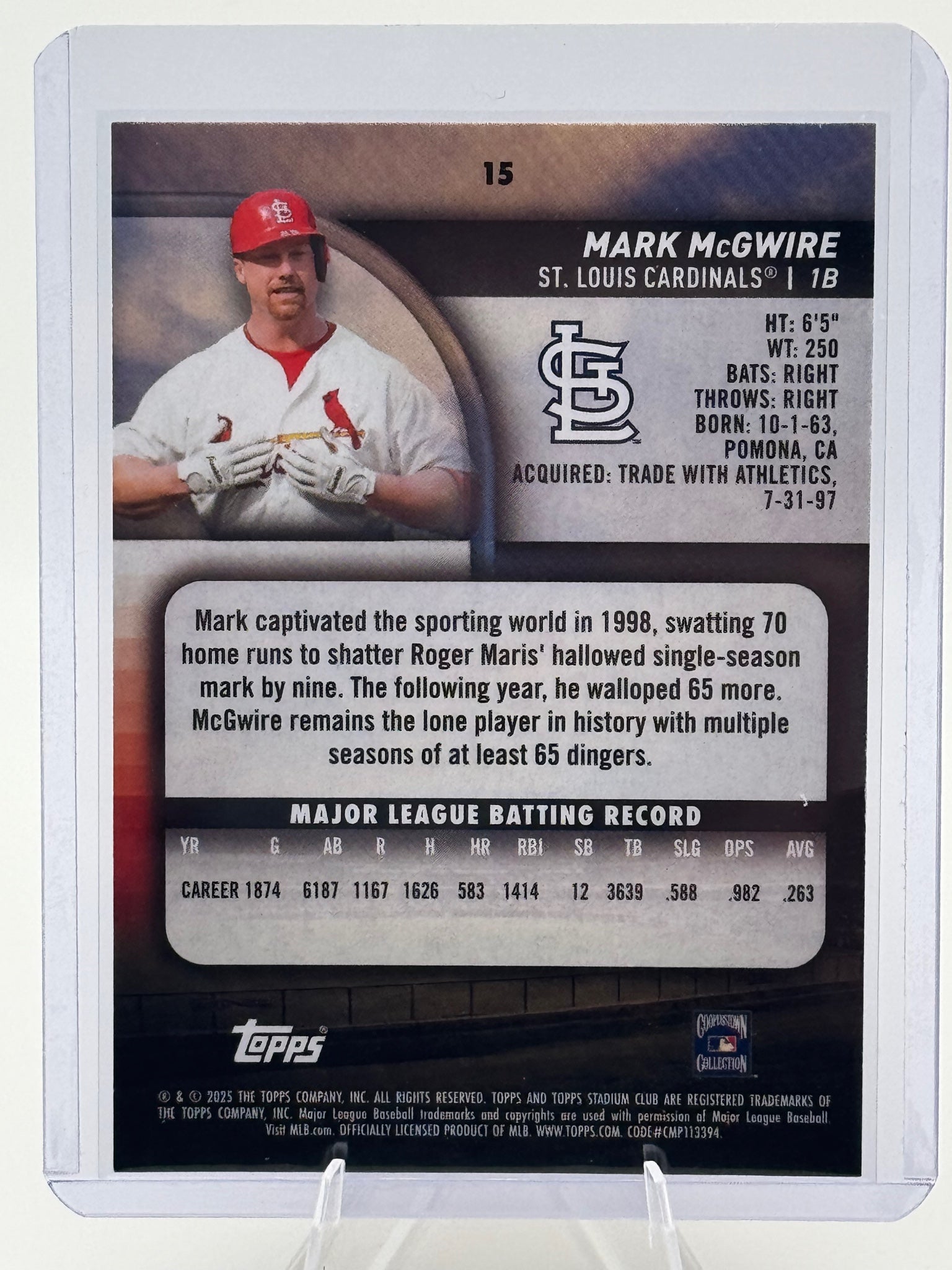 2025 Stadium Club Mark McGwire #15 St. Louis Cardinals Near Mint or Better