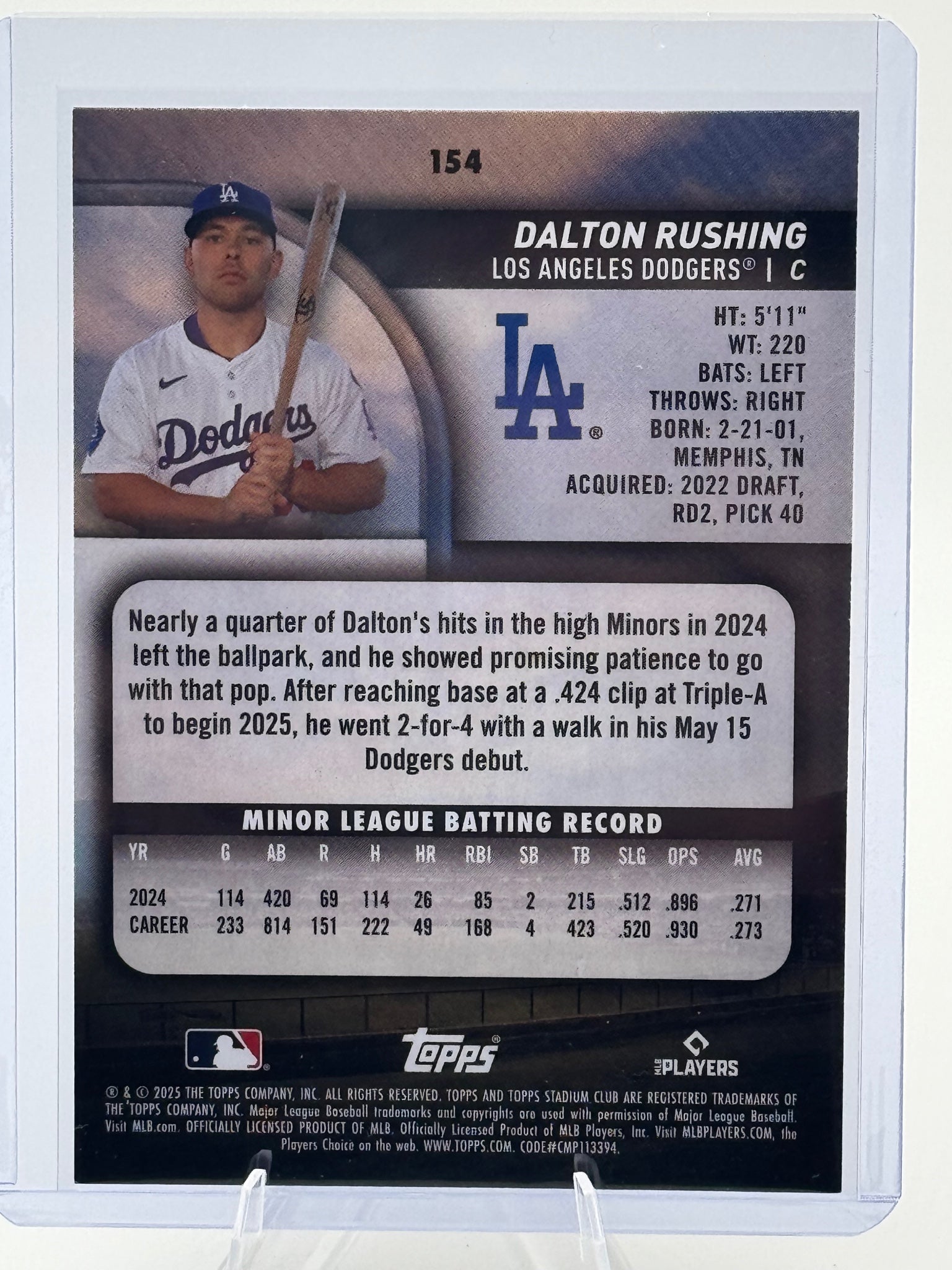 2025 Stadium Club Dalton Rushing #154 Los Angeles Dodgers Near Mint or Better