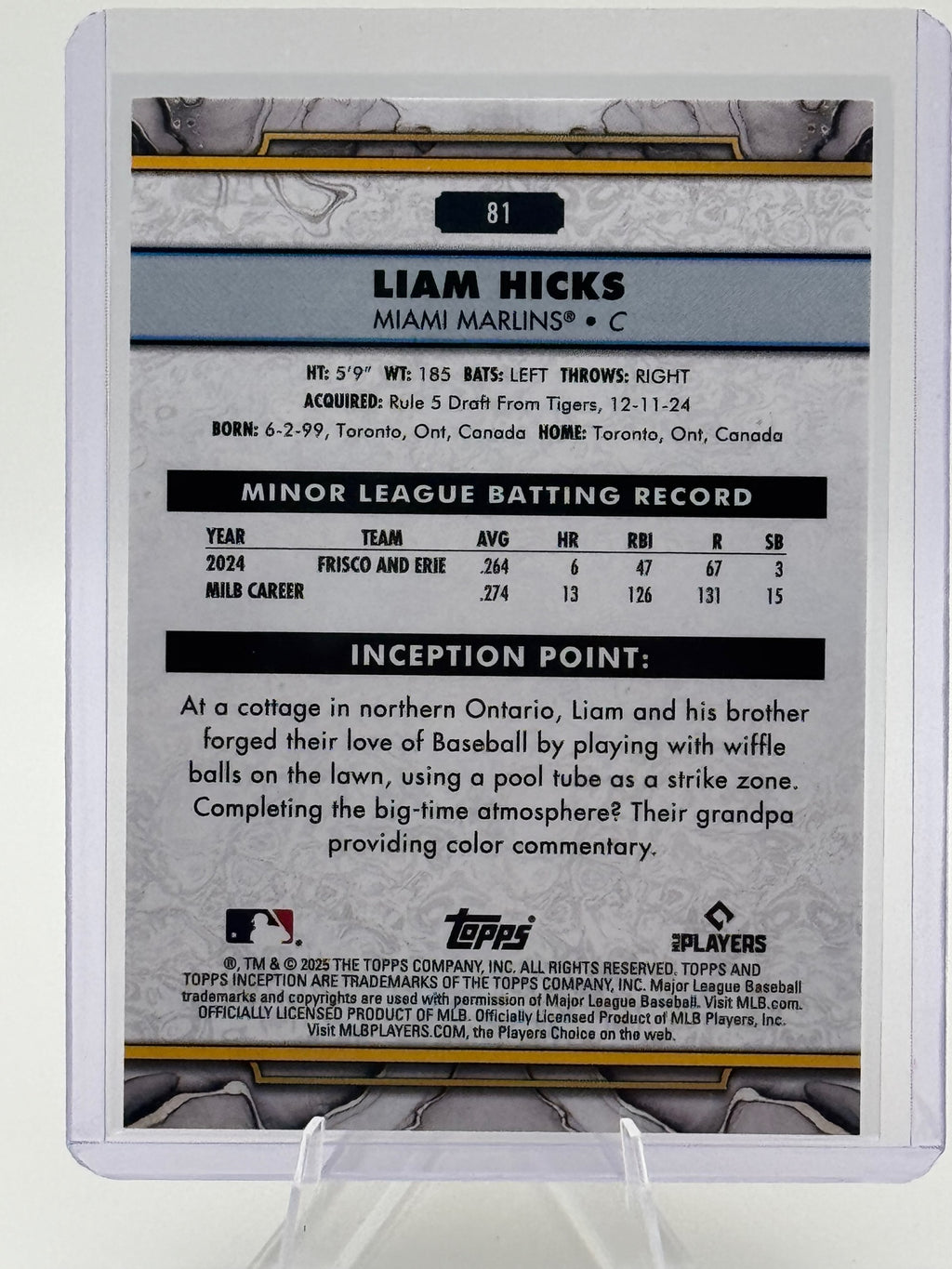 2025 Topps Inception Liam Hicks #81 Miami Marlins Near Mint or Better