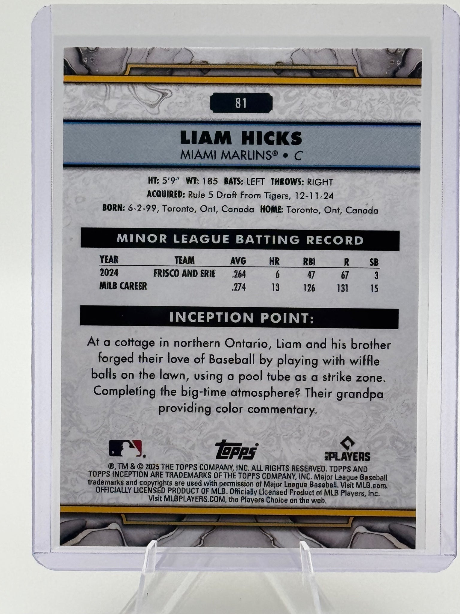 2025 Topps Inception Liam Hicks #81 Miami Marlins Near Mint or Better