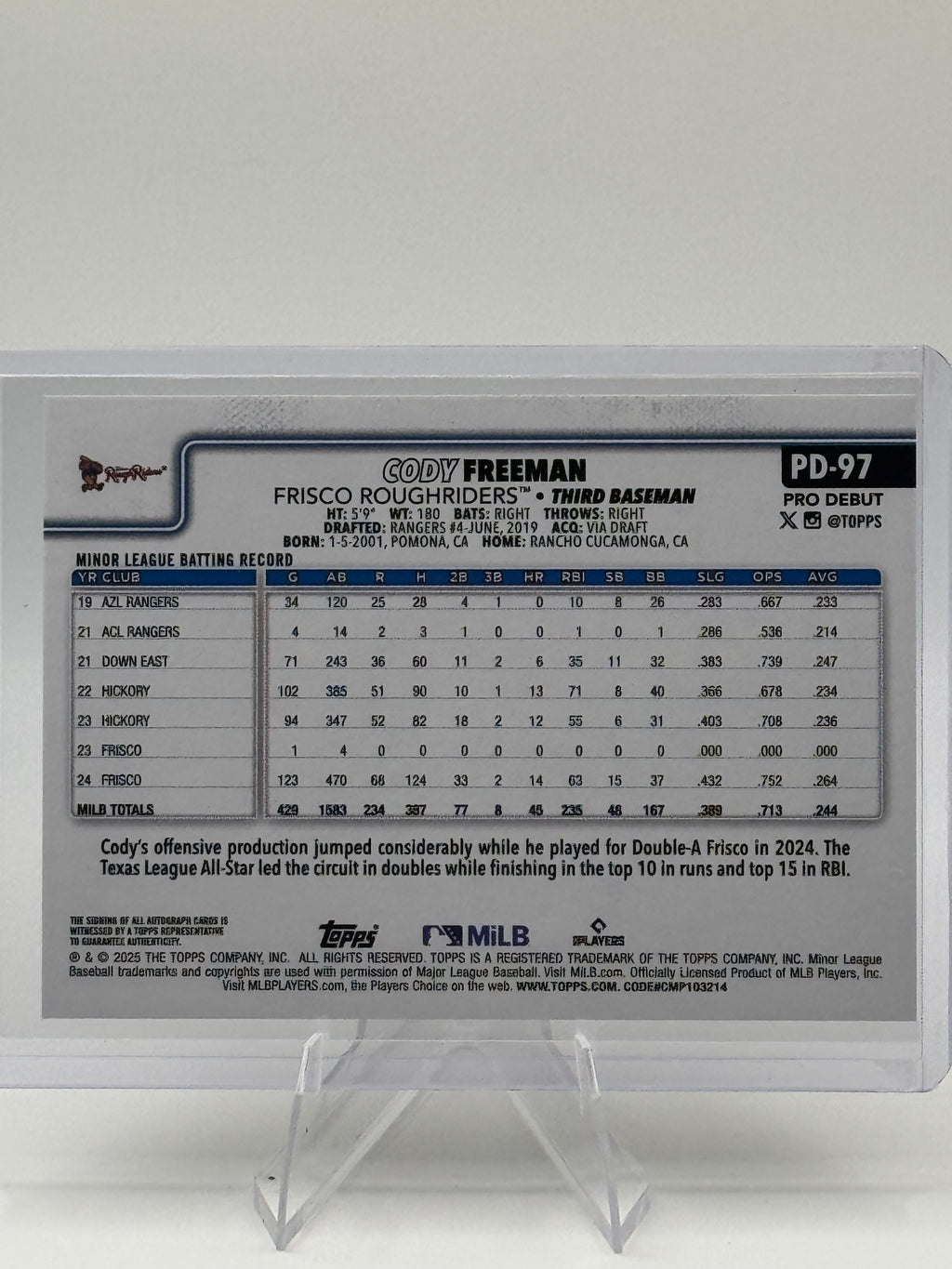 2025 Topps Pro Debut Cody Freeman #PD-97 Base Autographs Texas Rangers Near Mint