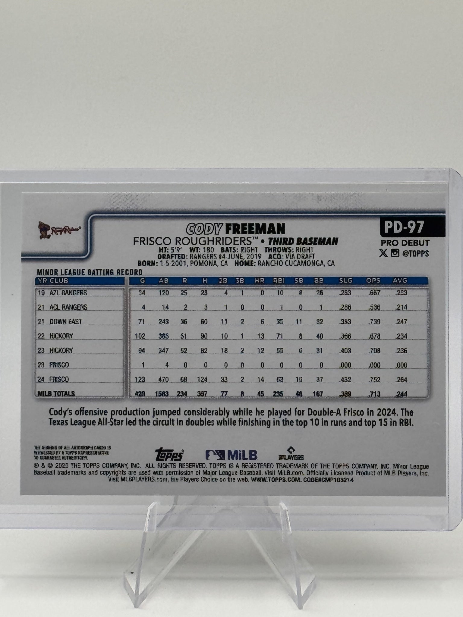 2025 Topps Pro Debut Cody Freeman #PD-97 Base Autographs Texas Rangers Near Mint