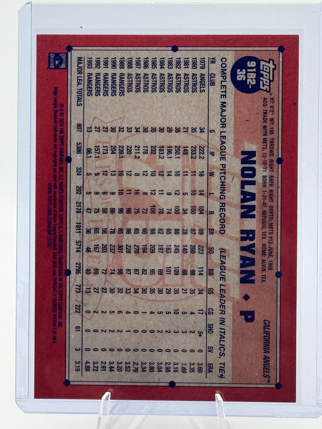 2026 Topps Nolan Ryan #91B2-36 1991 California Angels Near Mint