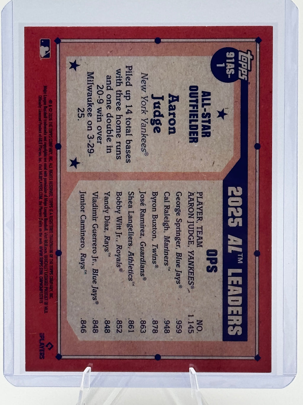 2026 Topps Aaron Judge #91AS-1 1991 All-Stars New York Yankees Near Mint