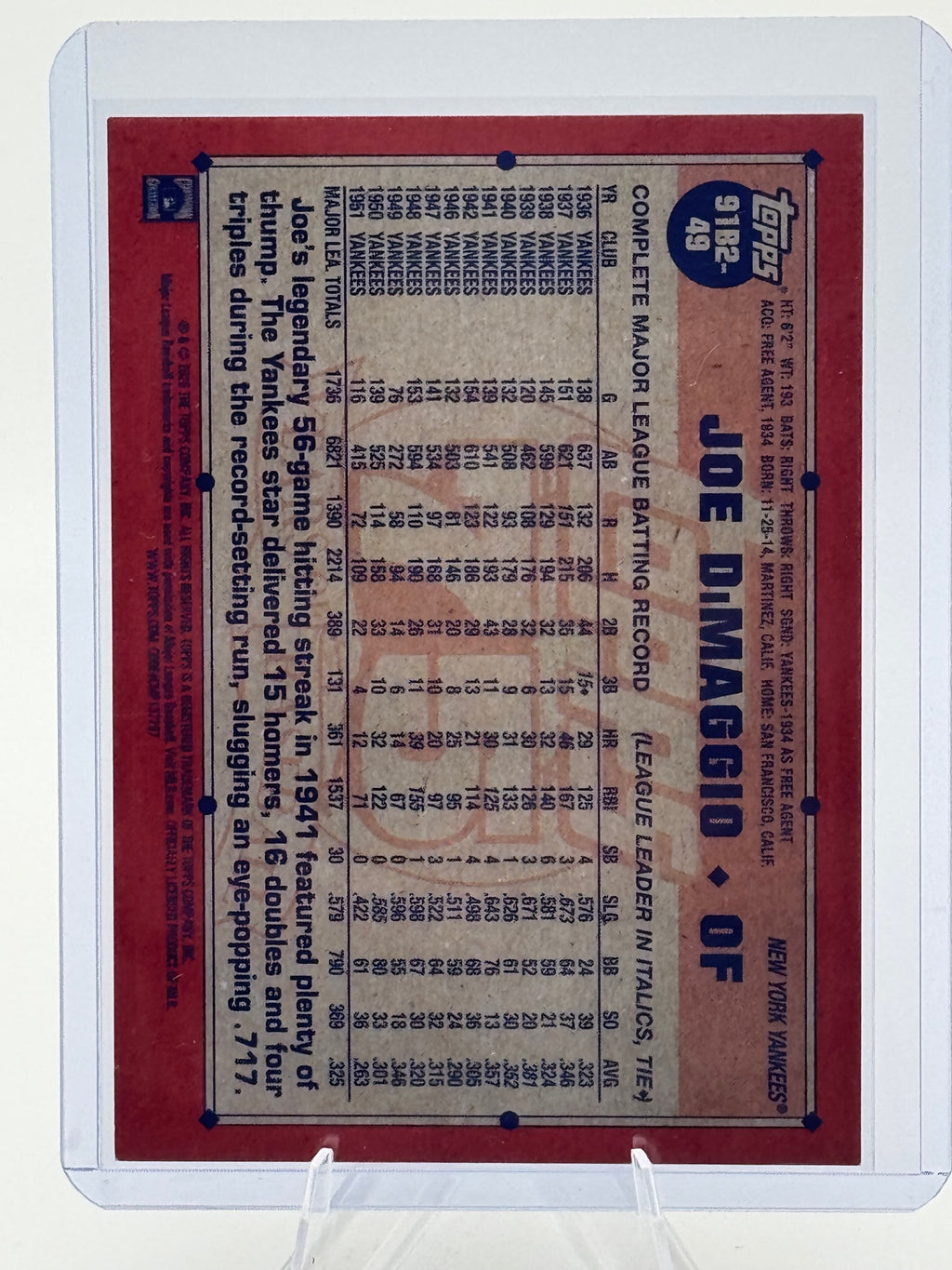 2026 Topps Joe DiMaggio #91B2-49 1991 New York Yankees Near Mint