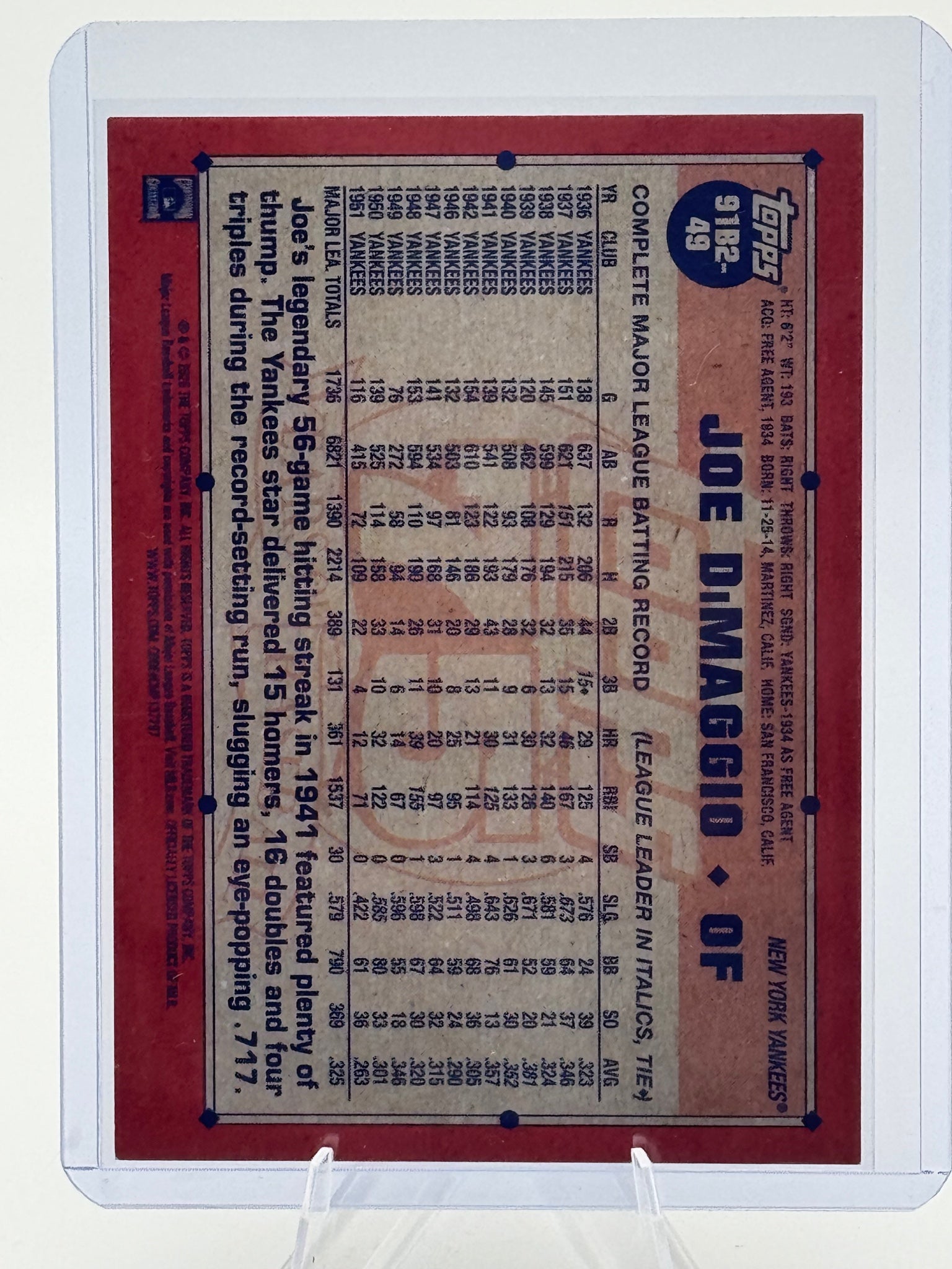 2026 Topps Joe DiMaggio #91B2-49 1991 New York Yankees Near Mint