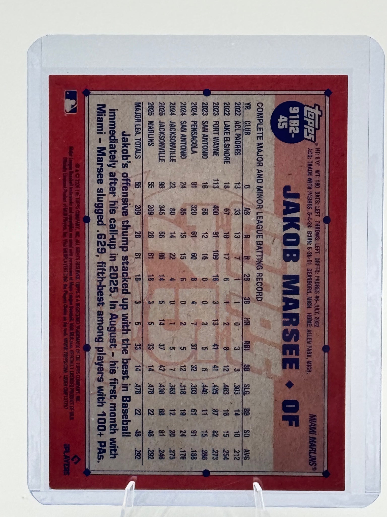 2026 Topps Jakob Marsee #91B2-45 1991 Miami Marlins Near Mint