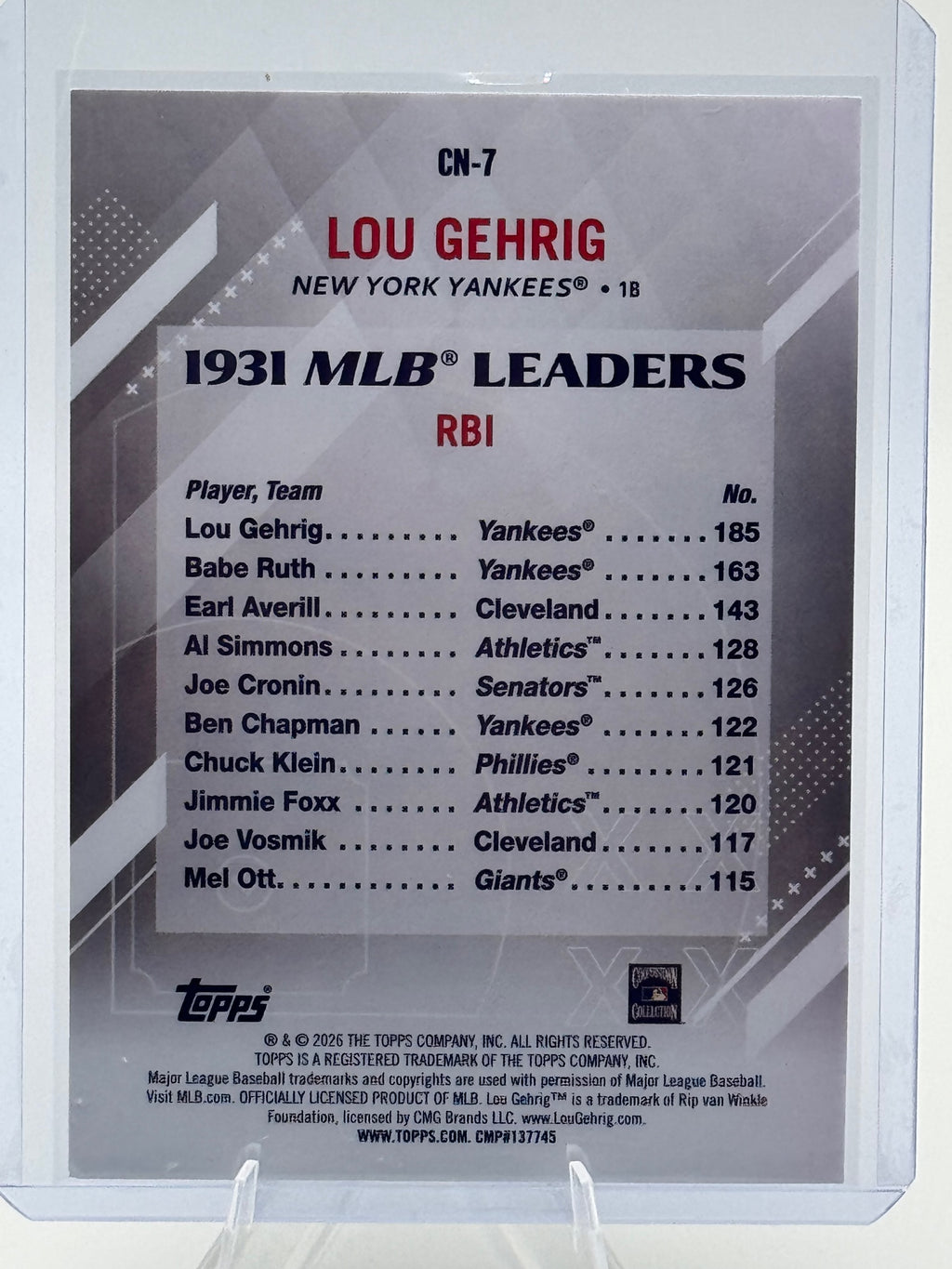 2026 Topps Lou Gehrig #CN-7 Crooked Numbers New York Yankees Near Mint