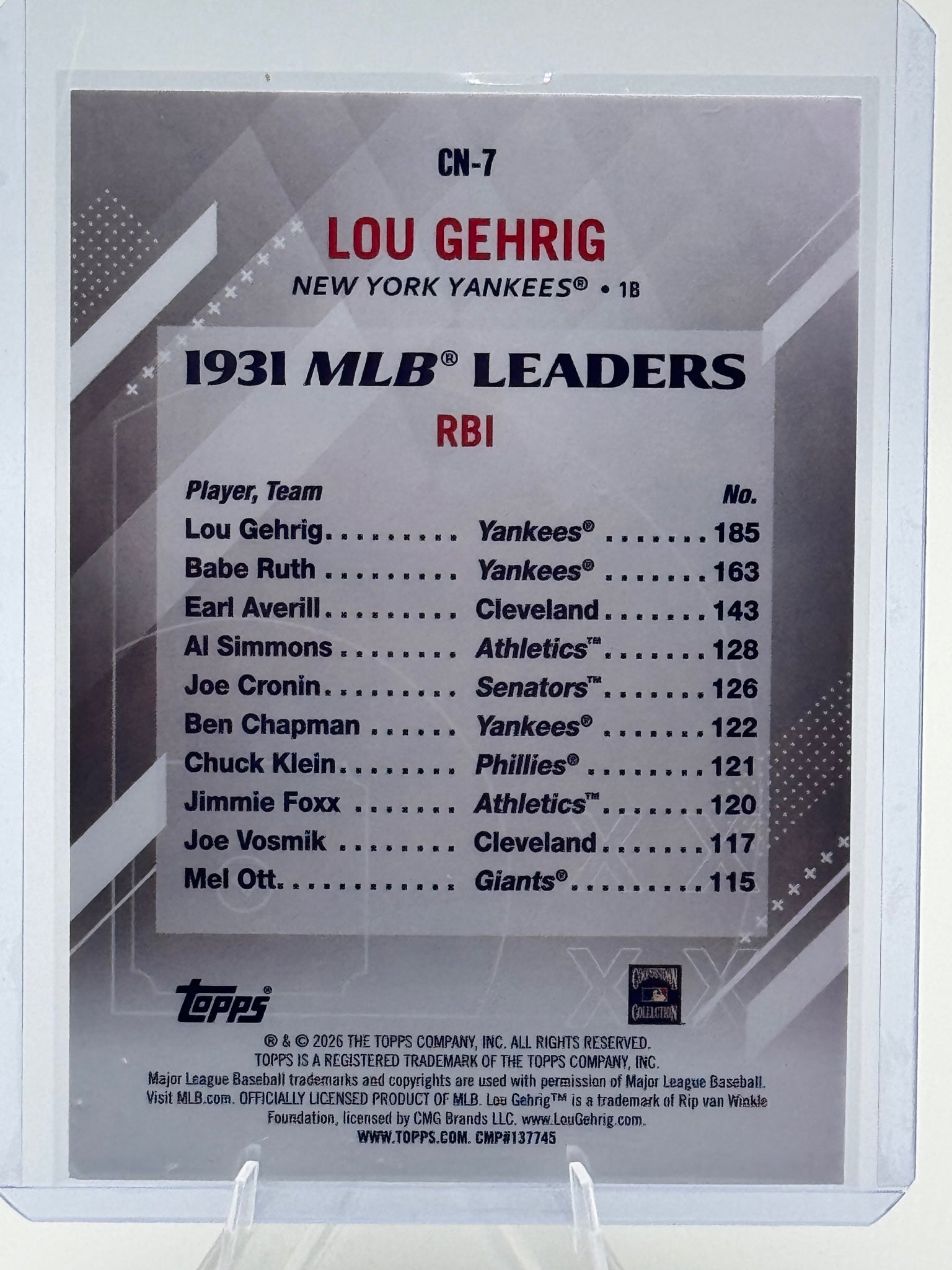 2026 Topps Lou Gehrig #CN-7 Crooked Numbers New York Yankees Near Mint