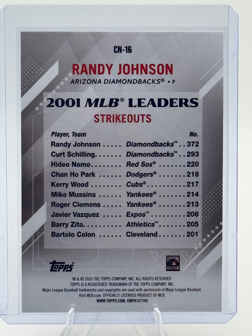 2026 Topps Randy Johnson #CN-16 Crooked Numbers Arizona Diamondbacks Near Mint