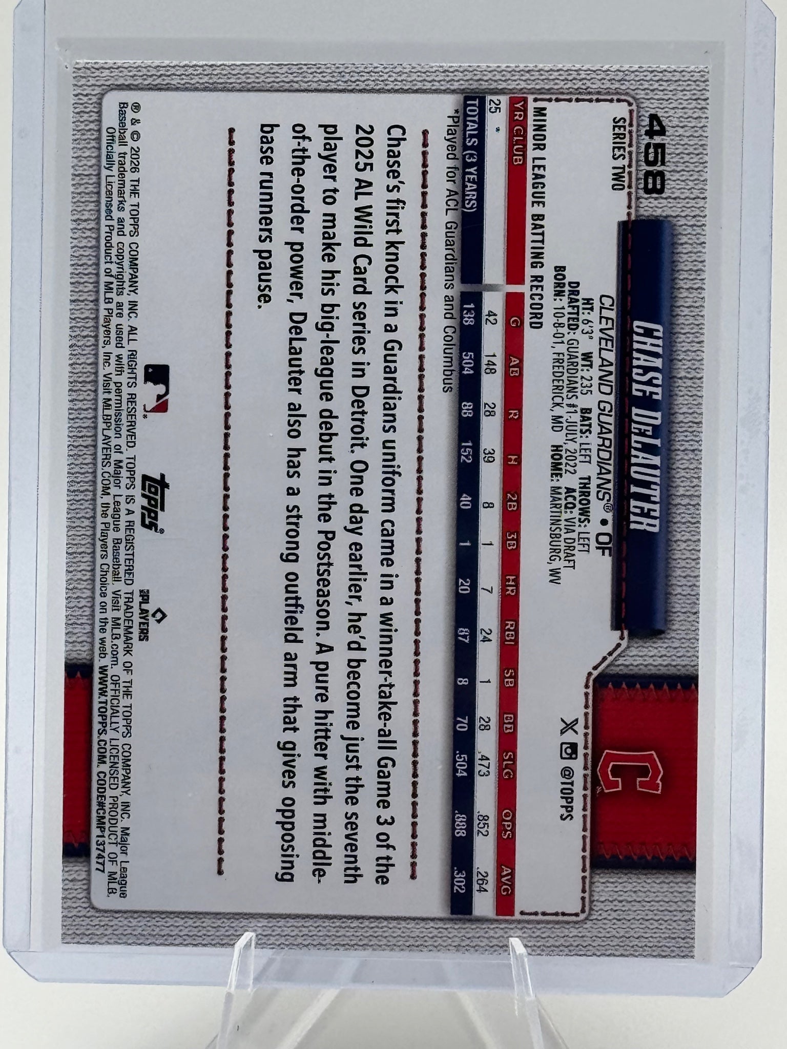 2026 Topps Chase DeLauter #458 Cleveland Guardians Near Mint or Better