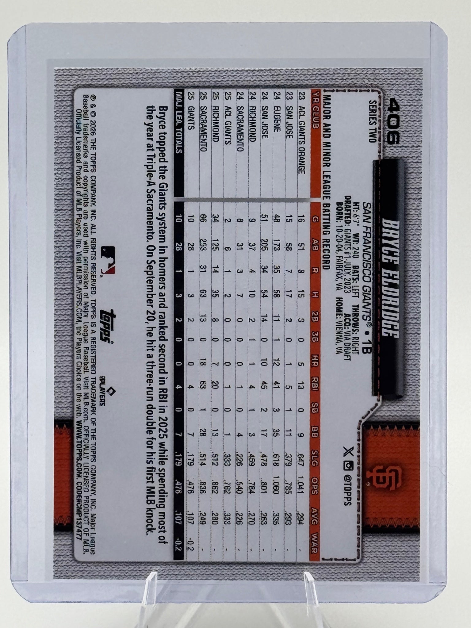 2026 Topps Bryce Eldridge #406 San Francisco Giants Near Mint or Better
