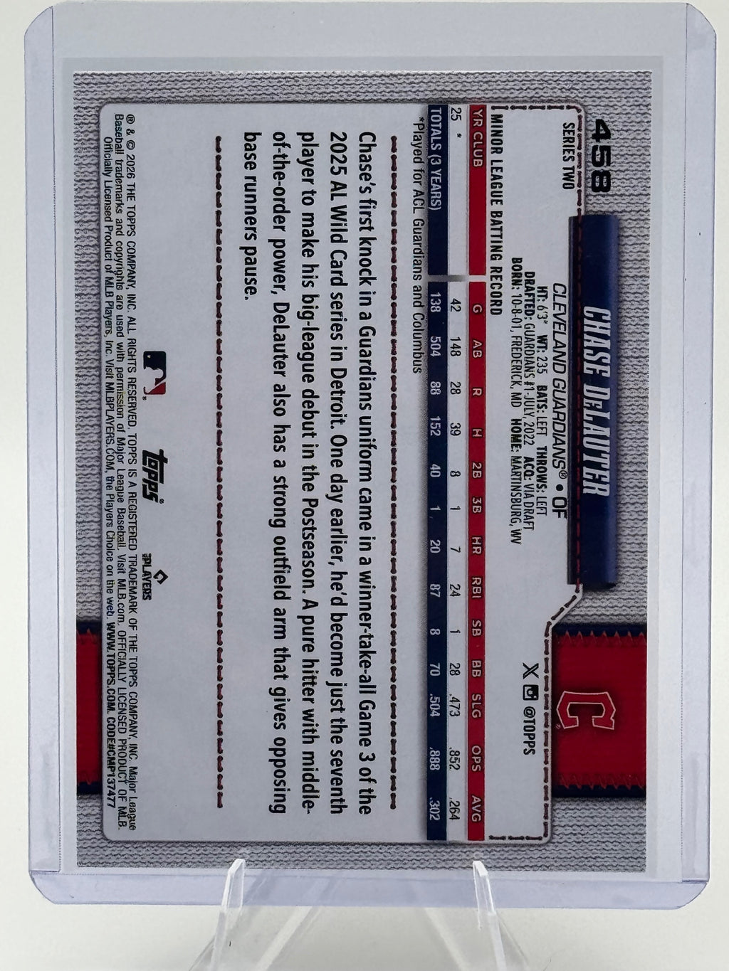 2026 Topps Chase DeLauter #458 Cleveland Guardians Near Mint or Better