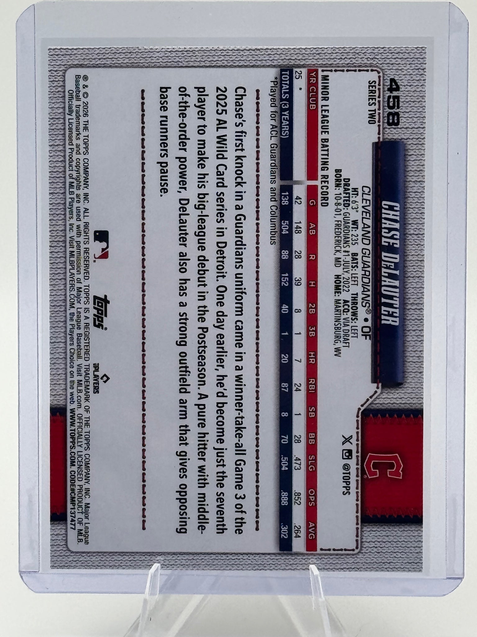 2026 Topps Chase DeLauter #458 Cleveland Guardians Near Mint or Better
