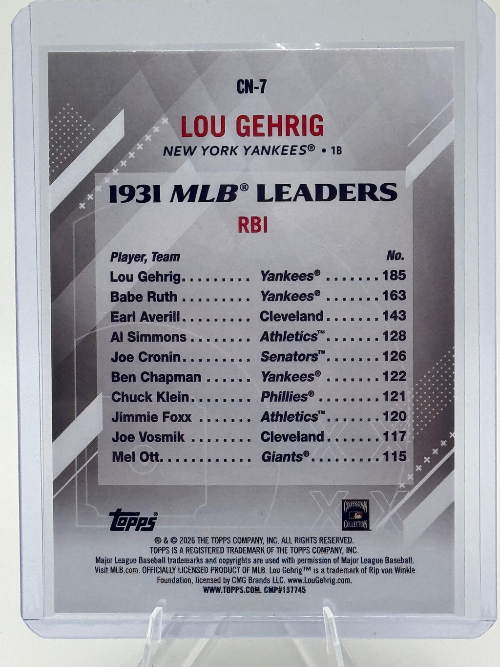 2026 Topps Lou Gehrig #CN-7 Crooked Numbers New York Yankees Near Mint