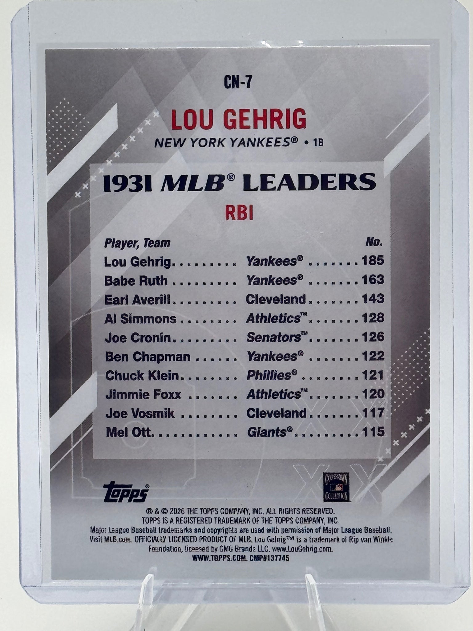 2026 Topps Lou Gehrig #CN-7 Crooked Numbers New York Yankees Near Mint