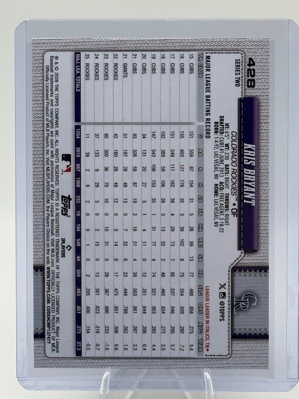 2026 Topps Kris Bryant #428 Holo Foil Colorado Rockies Near Mint or Better