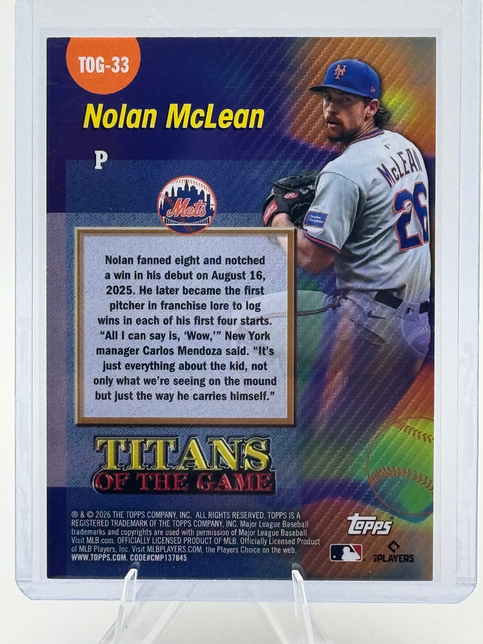 2026 Topps Nolan McLean #TOG-33 Titans of the Game New York Mets NM