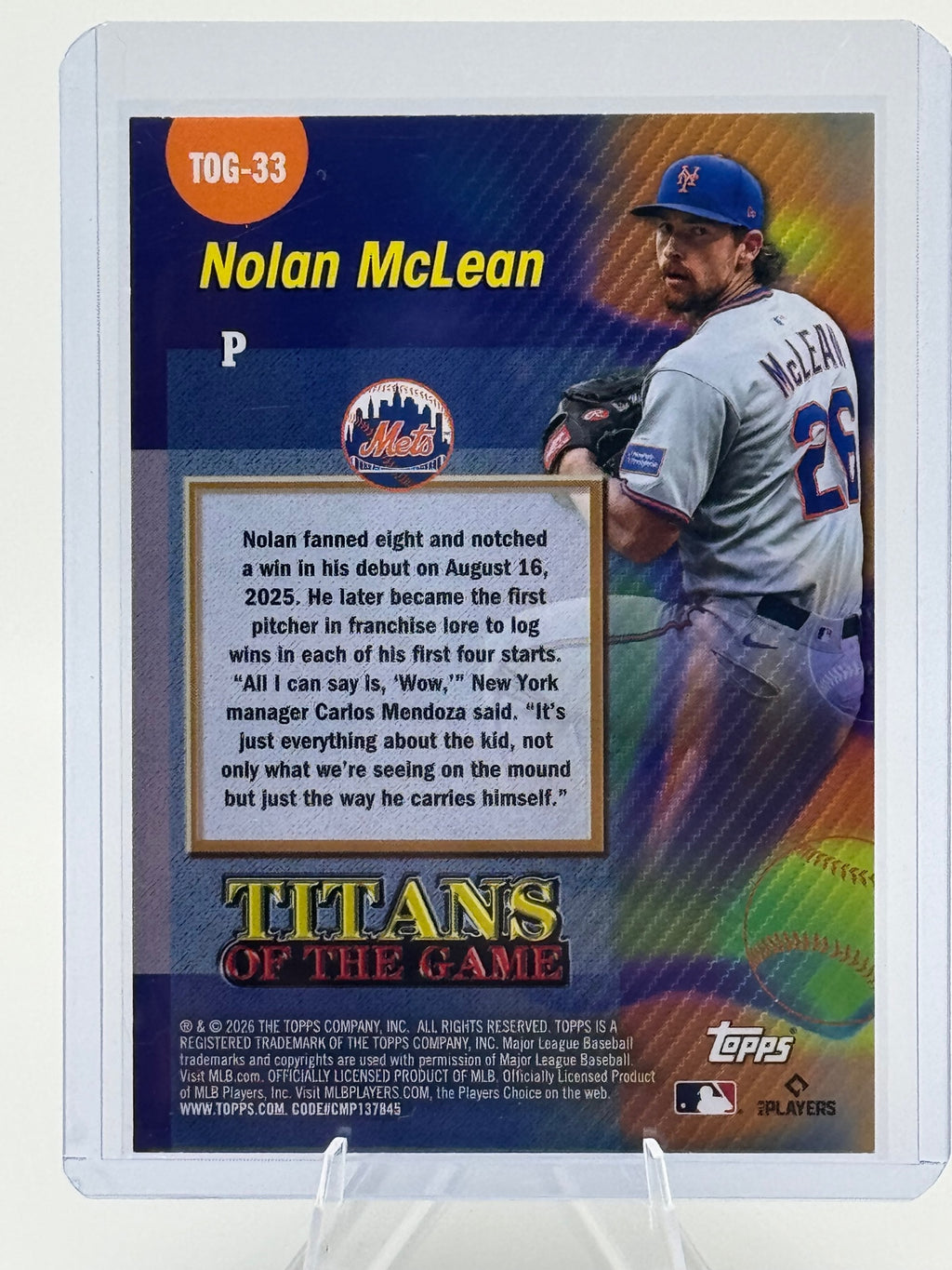2026 Topps Nolan McLean #TOG-33 Titans of the Game New York Mets Near Mint