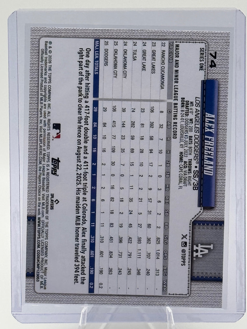 2026 Topps Alex Freeland #74 Los Angeles Dodgers Near Mint or Better