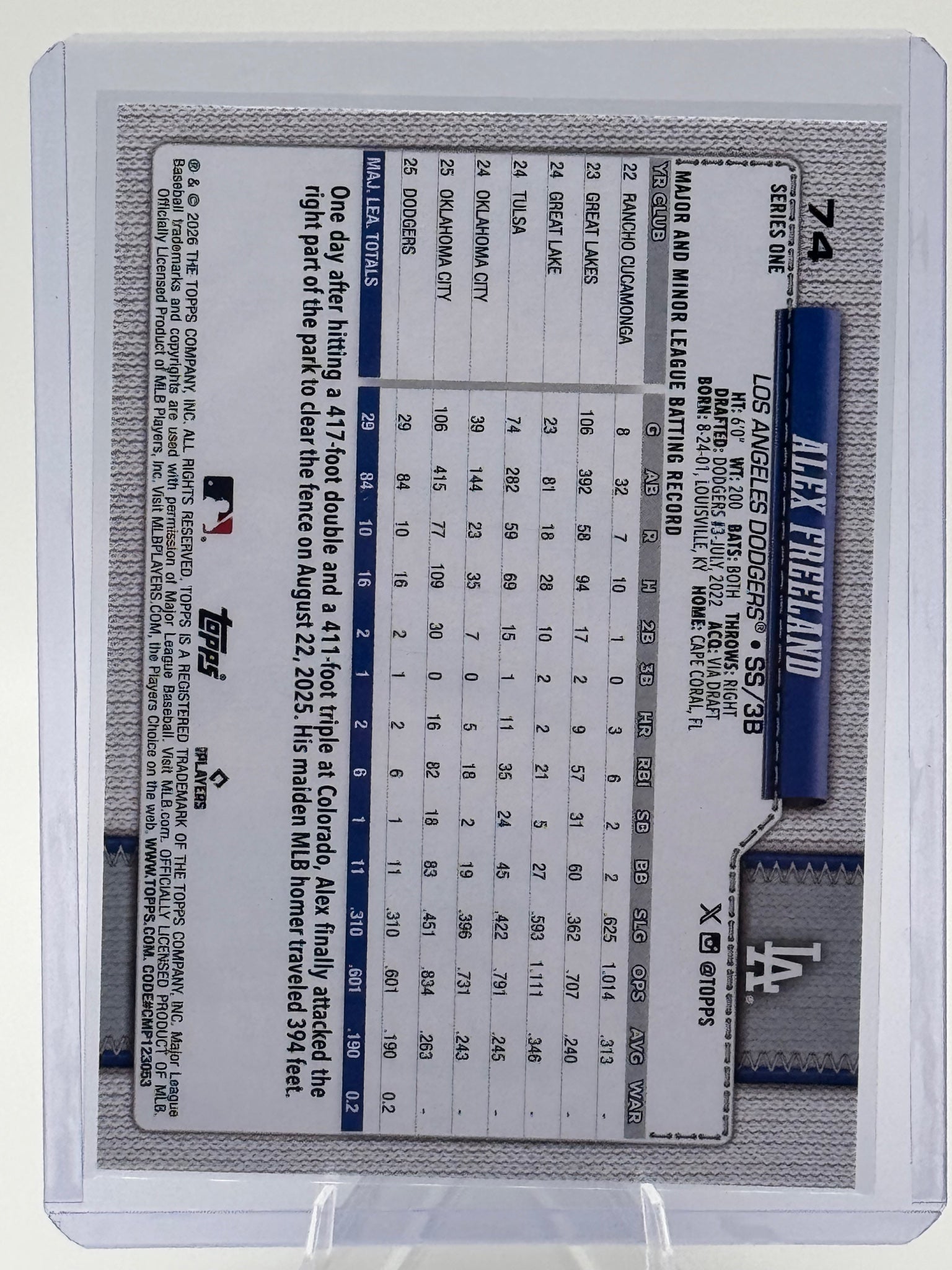 2026 Topps Alex Freeland #74 Los Angeles Dodgers Near Mint or Better