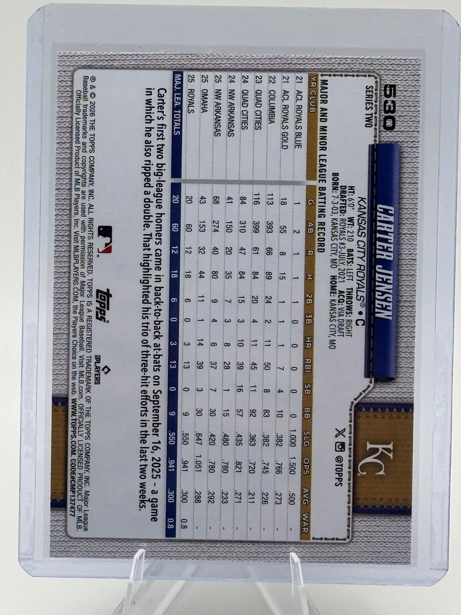 2026 Topps Carter Jensen #530 Kansas City Royals Near Mint or Better
