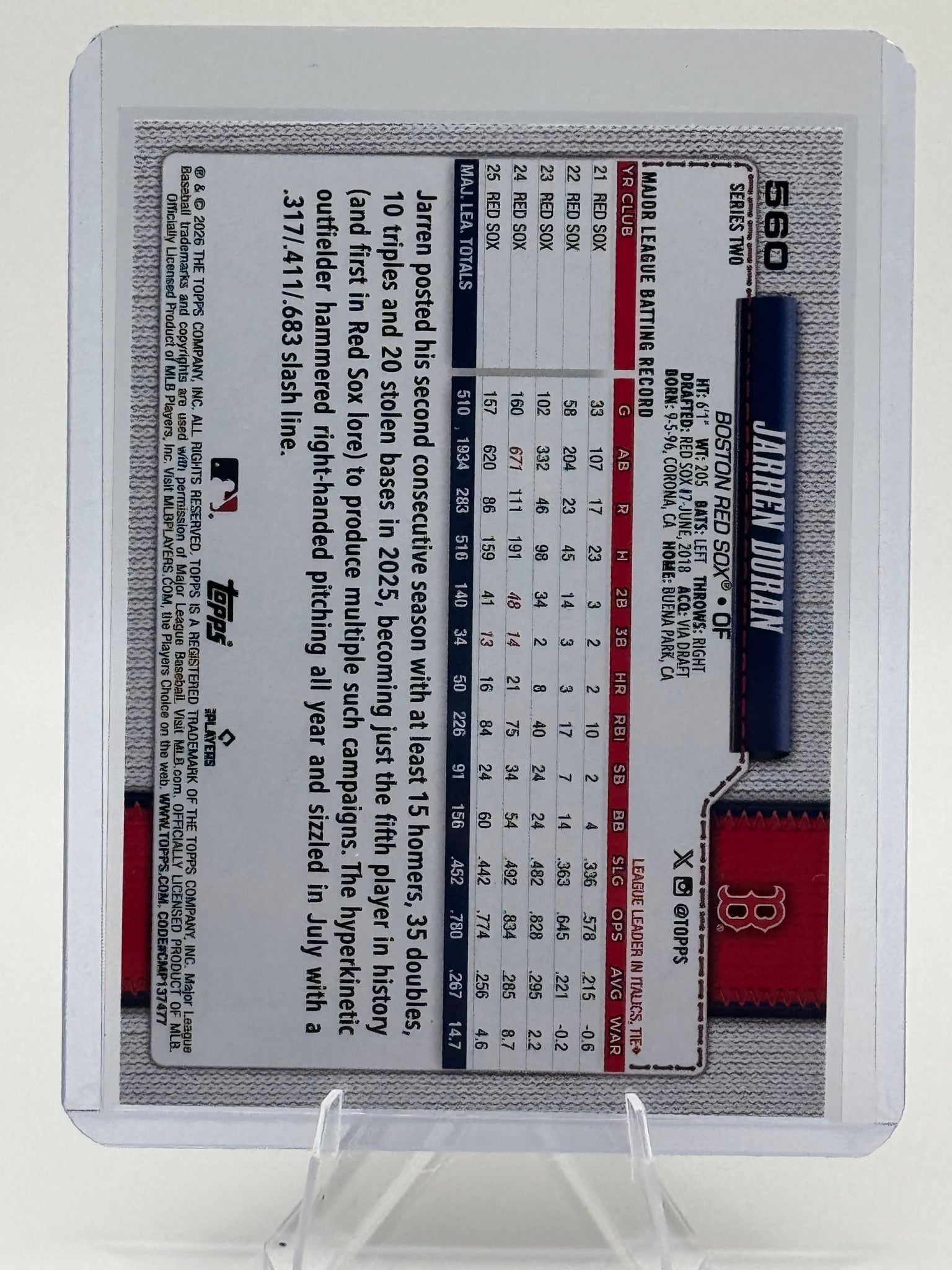 2026 Topps Jarren Duran #560 Boston Red Sox Near Mint or Better