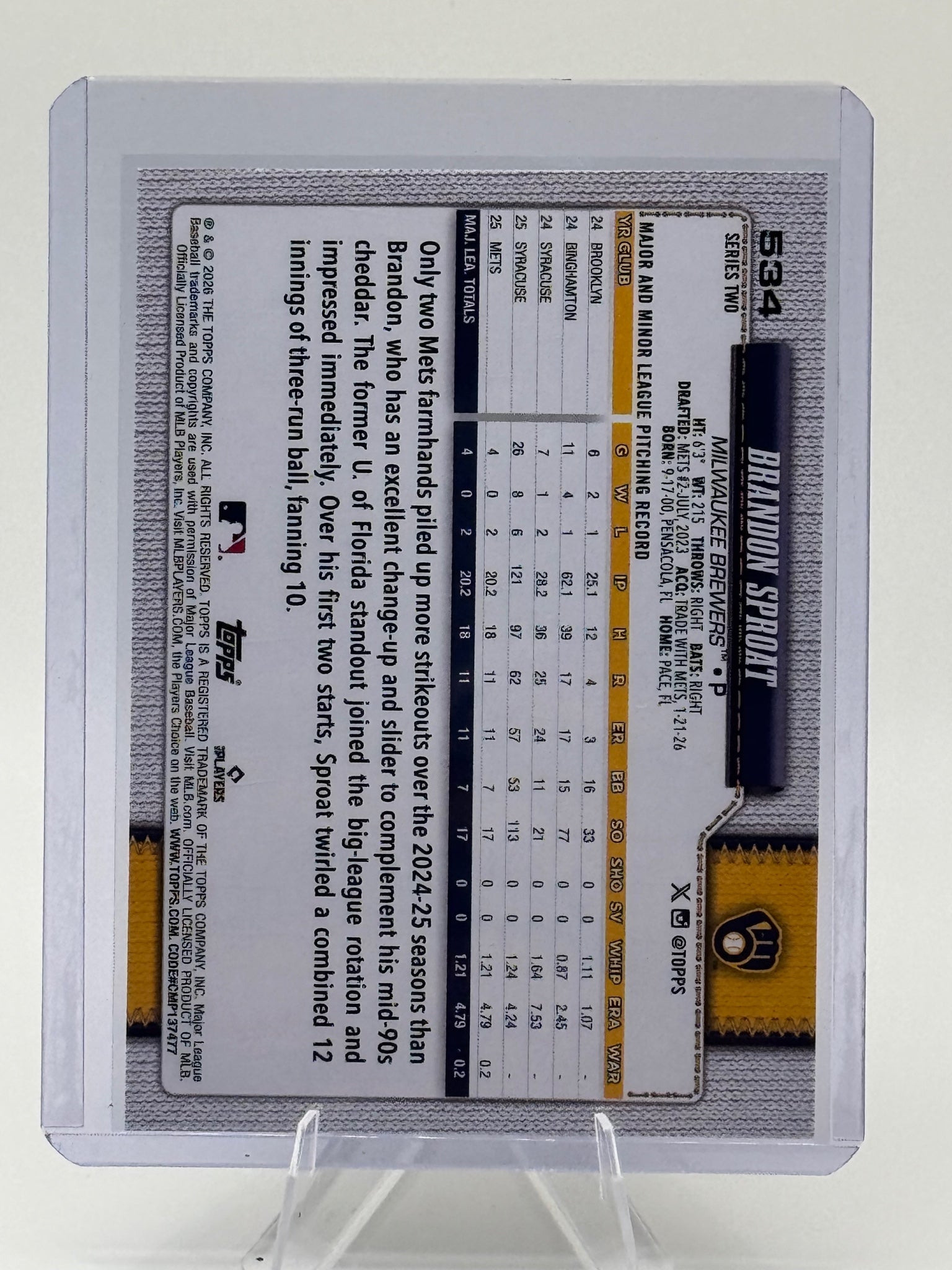 2026 Topps Brandon Sproat #534 Milwaukee Brewers Near Mint or Better