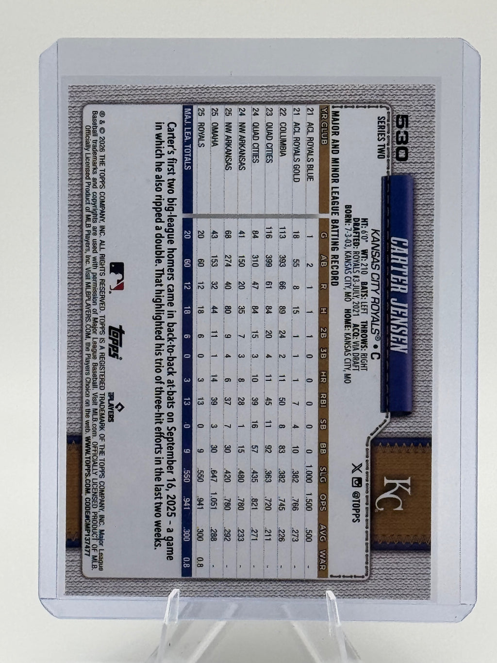 2026 Topps Carter Jensen #530 Kansas City Royals Near Mint or Better
