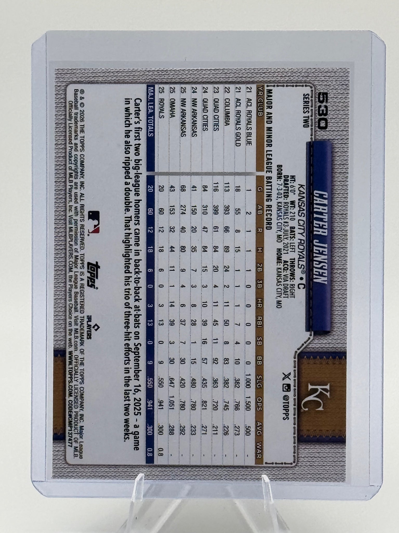 2026 Topps Carter Jensen #530 Kansas City Royals Near Mint or Better