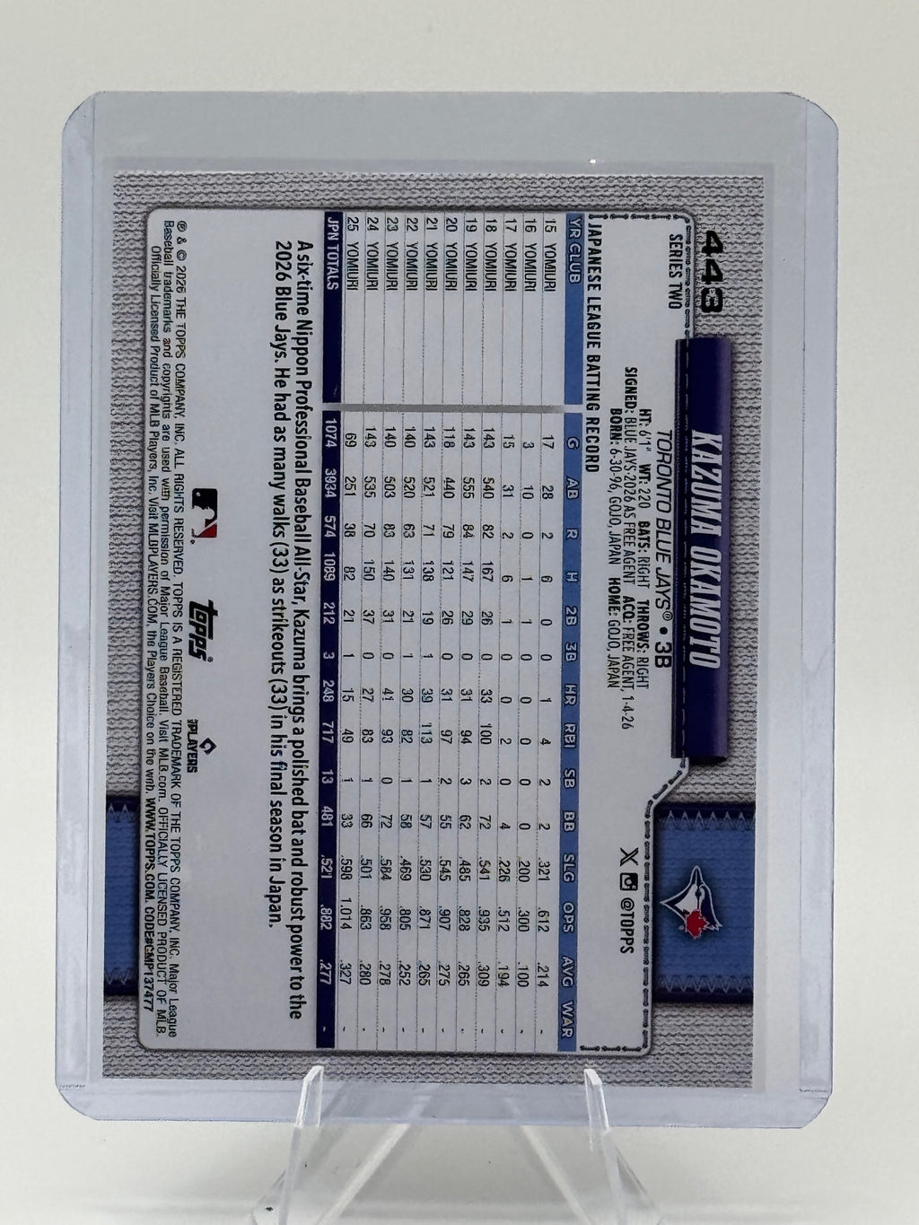 2026 Topps Kazuma Okamoto #443 Toronto Blue Jays Near Mint or Better