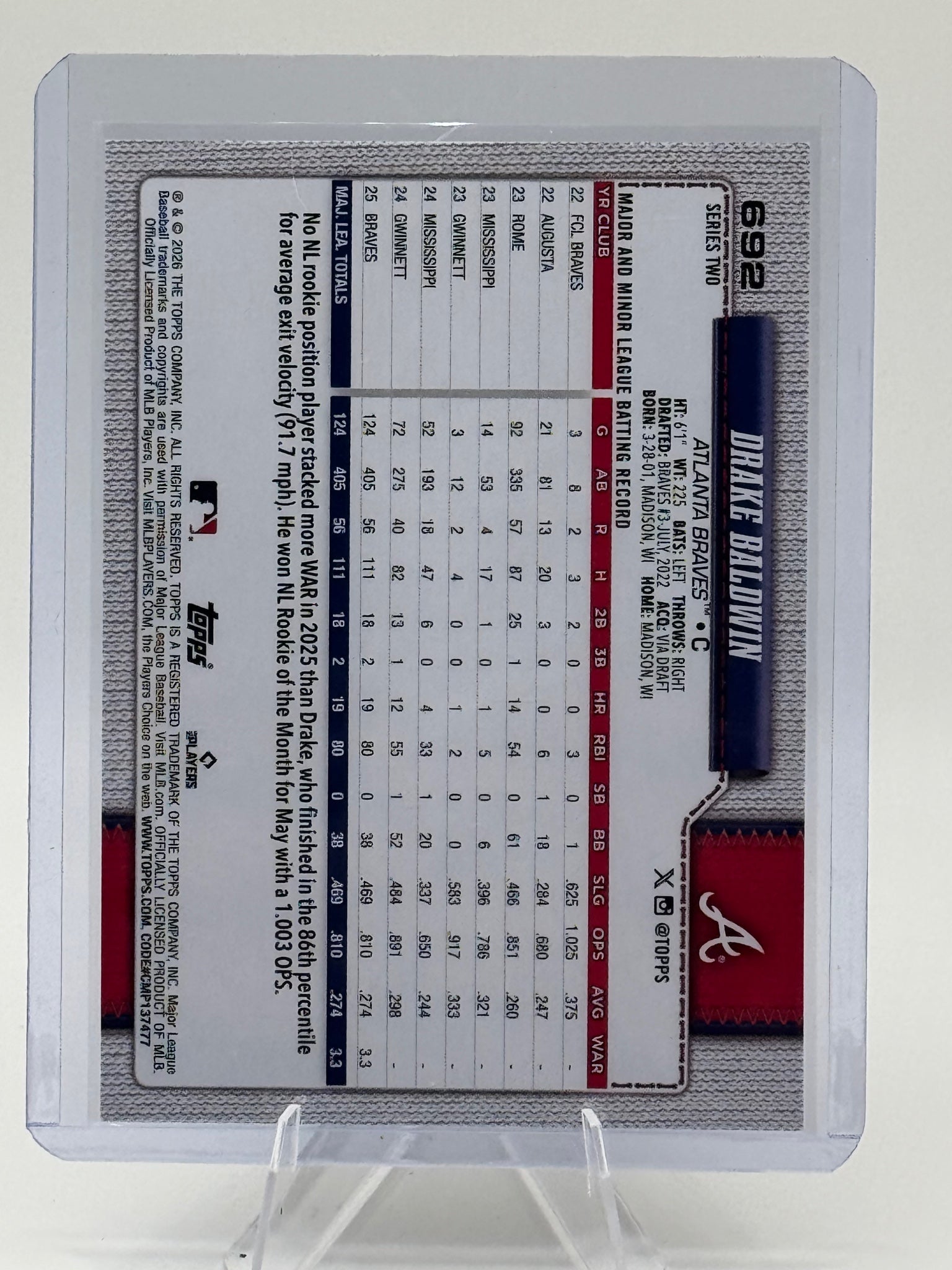 2026 Topps Drake Baldwin #692 Atlanta Braves Near Mint or Better